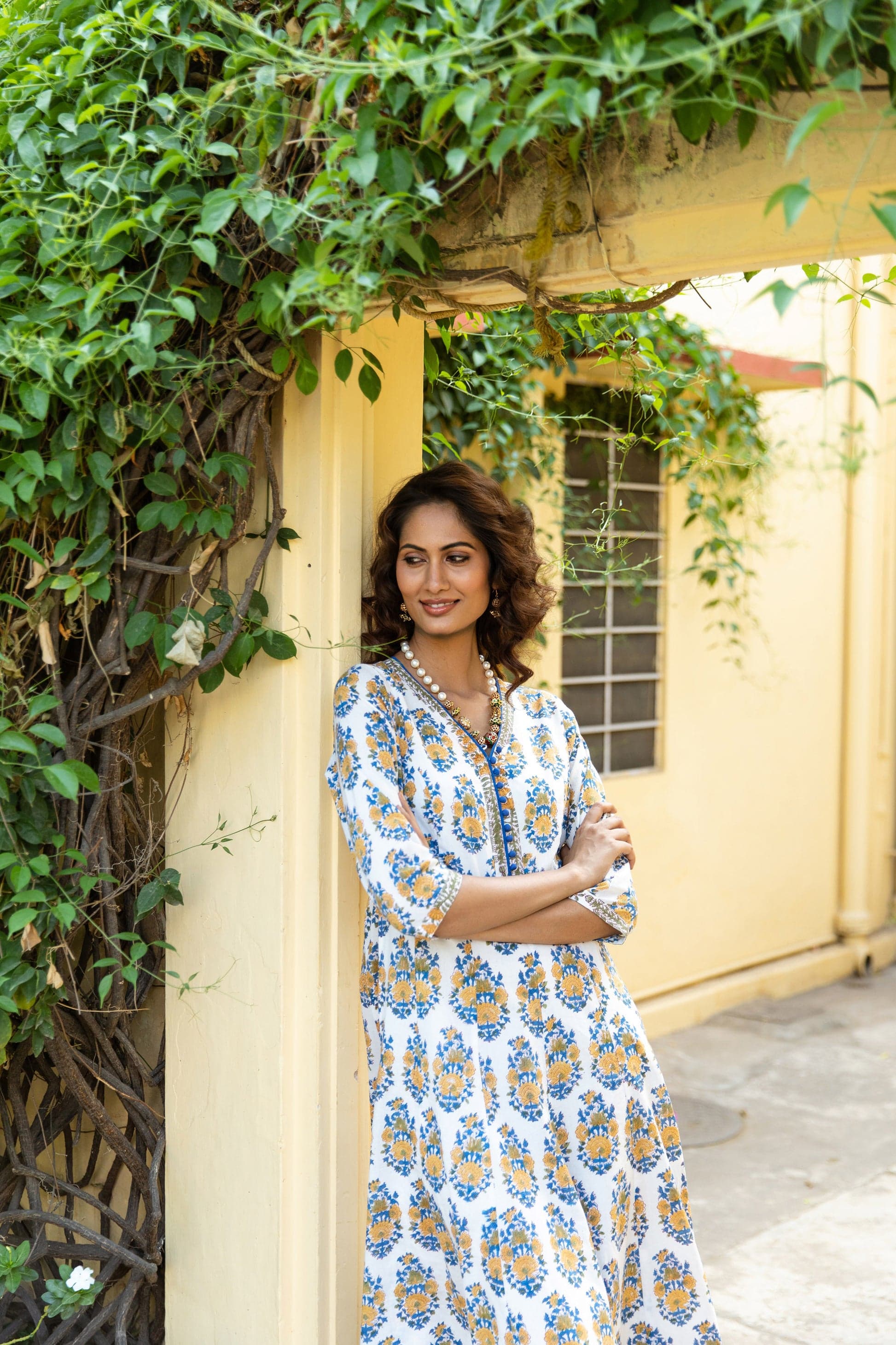 EESHA BLOCK PRINT COTTON ANARKALI DRESS YELLOW AND BLUE FLORAL BOOTI