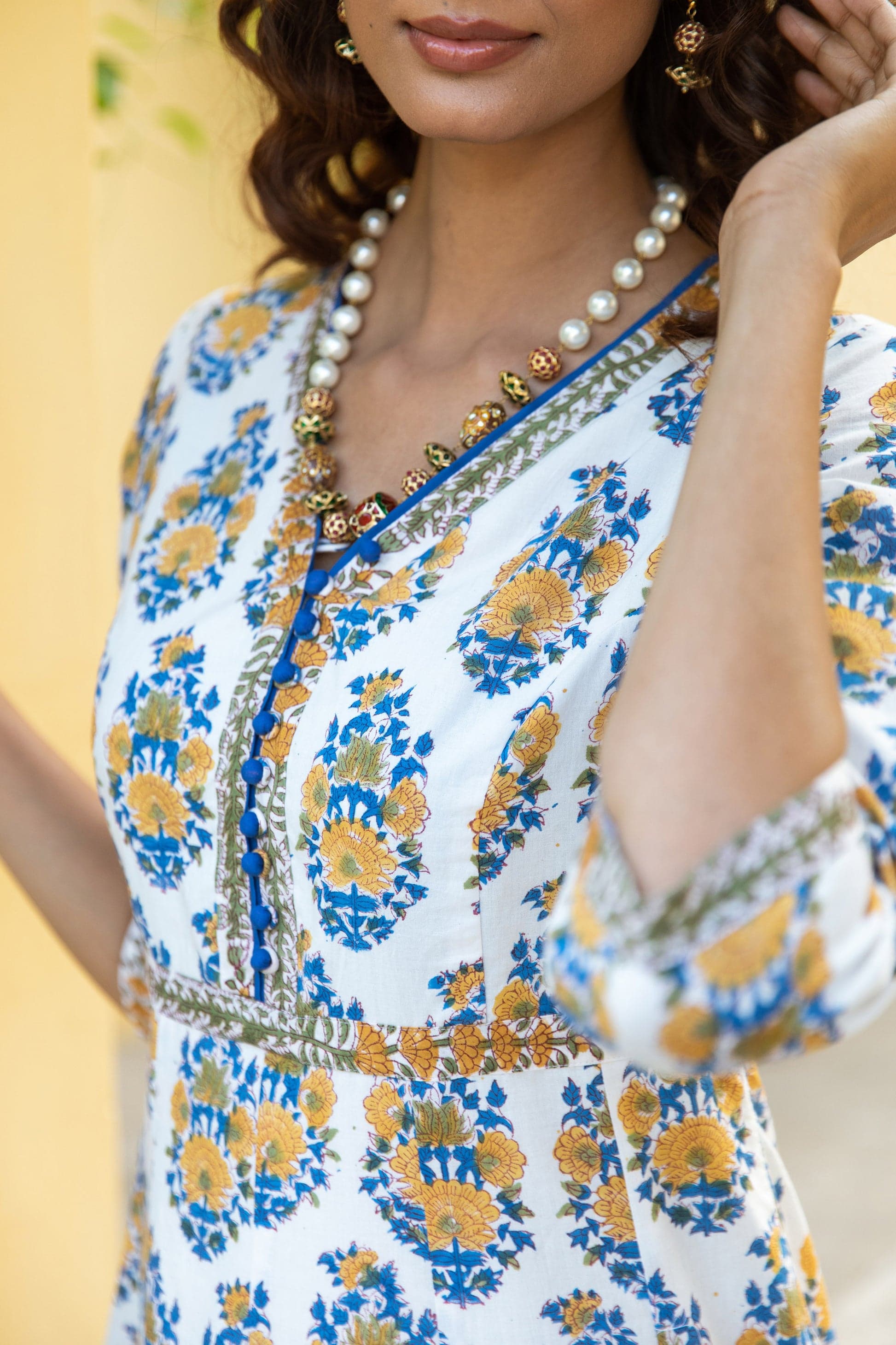 EESHA BLOCK PRINT COTTON ANARKALI DRESS YELLOW AND BLUE FLORAL BOOTI