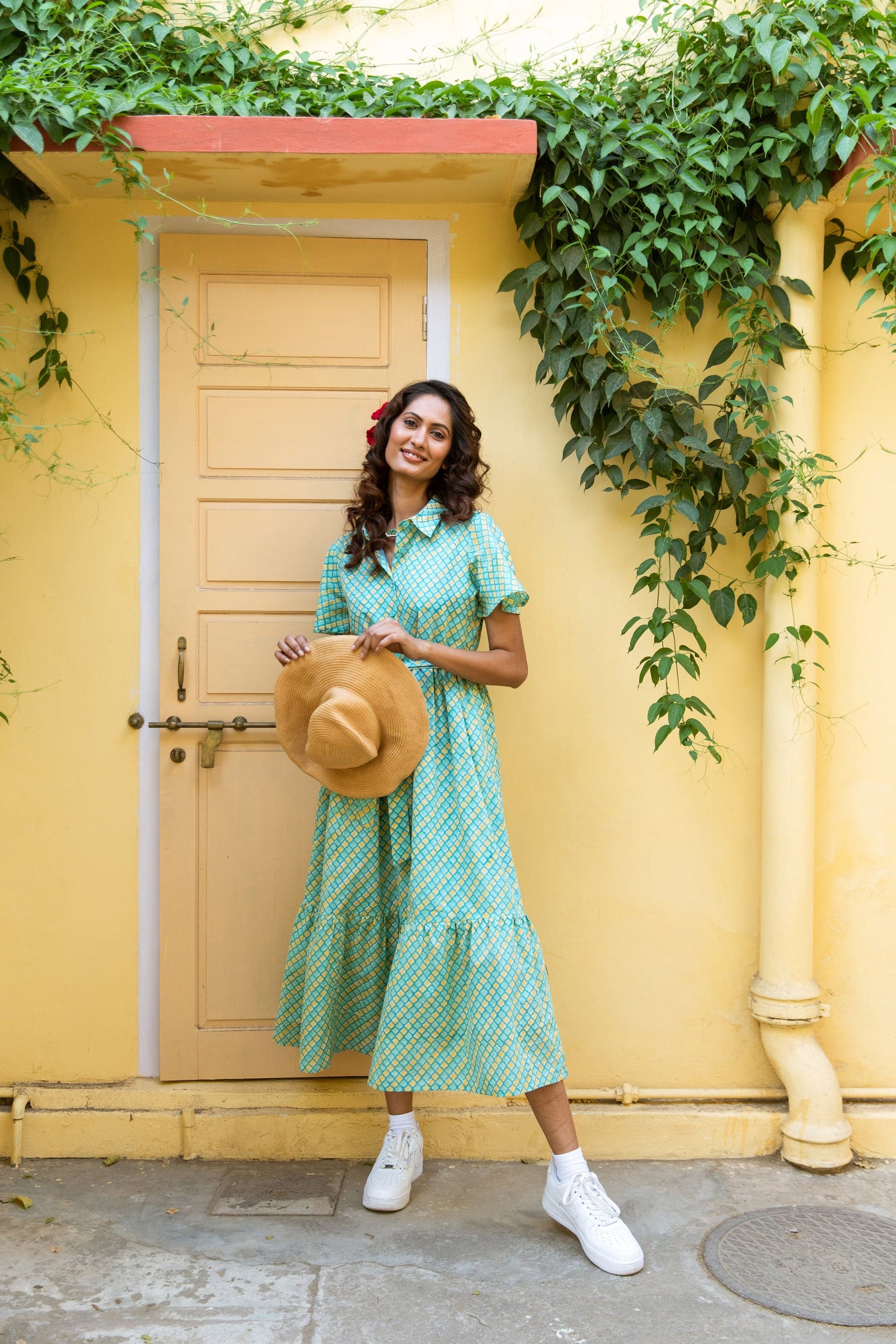 MILLI BLOCK PRINT COTTON SHIRT DRESS AQUAMARINE YELLOW