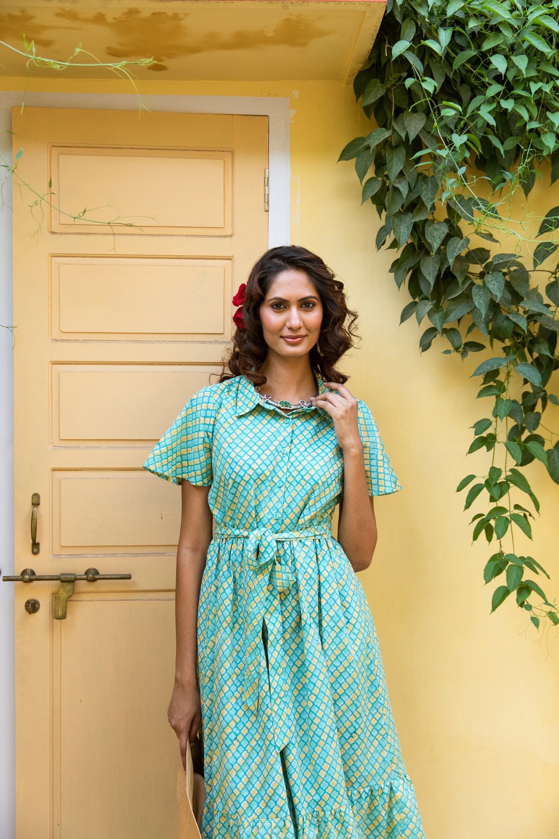 MILLI BLOCK PRINT COTTON SHIRT DRESS AQUAMARINE YELLOW