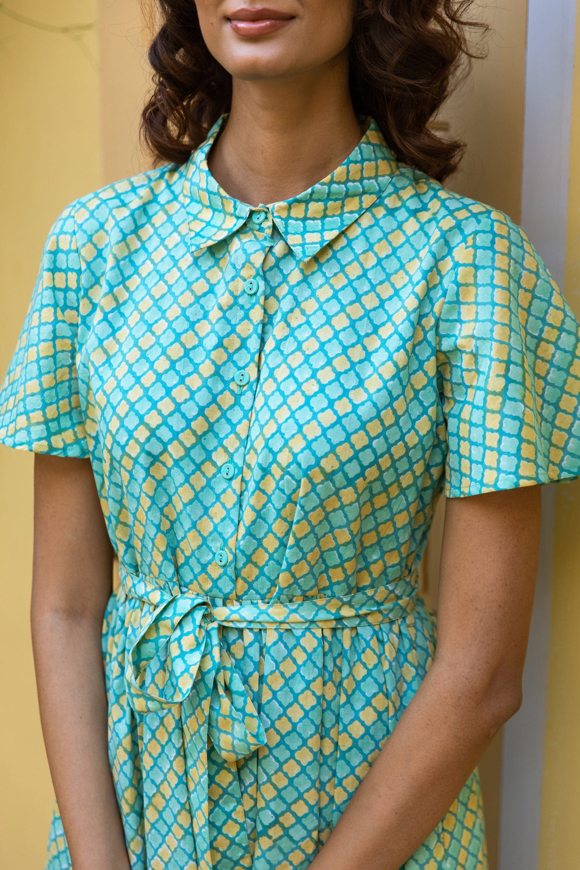 MILLI BLOCK PRINT COTTON SHIRT DRESS AQUAMARINE YELLOW