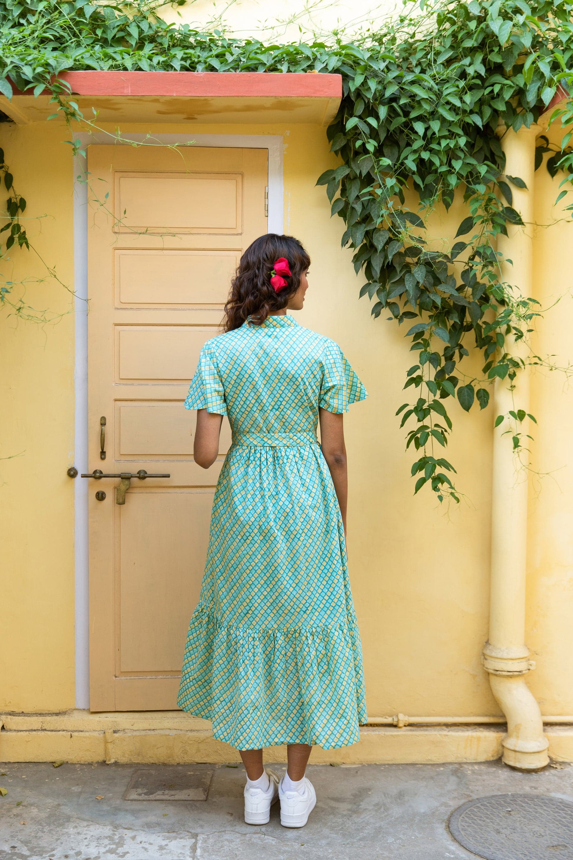 MILLI BLOCK PRINT COTTON SHIRT DRESS AQUAMARINE YELLOW