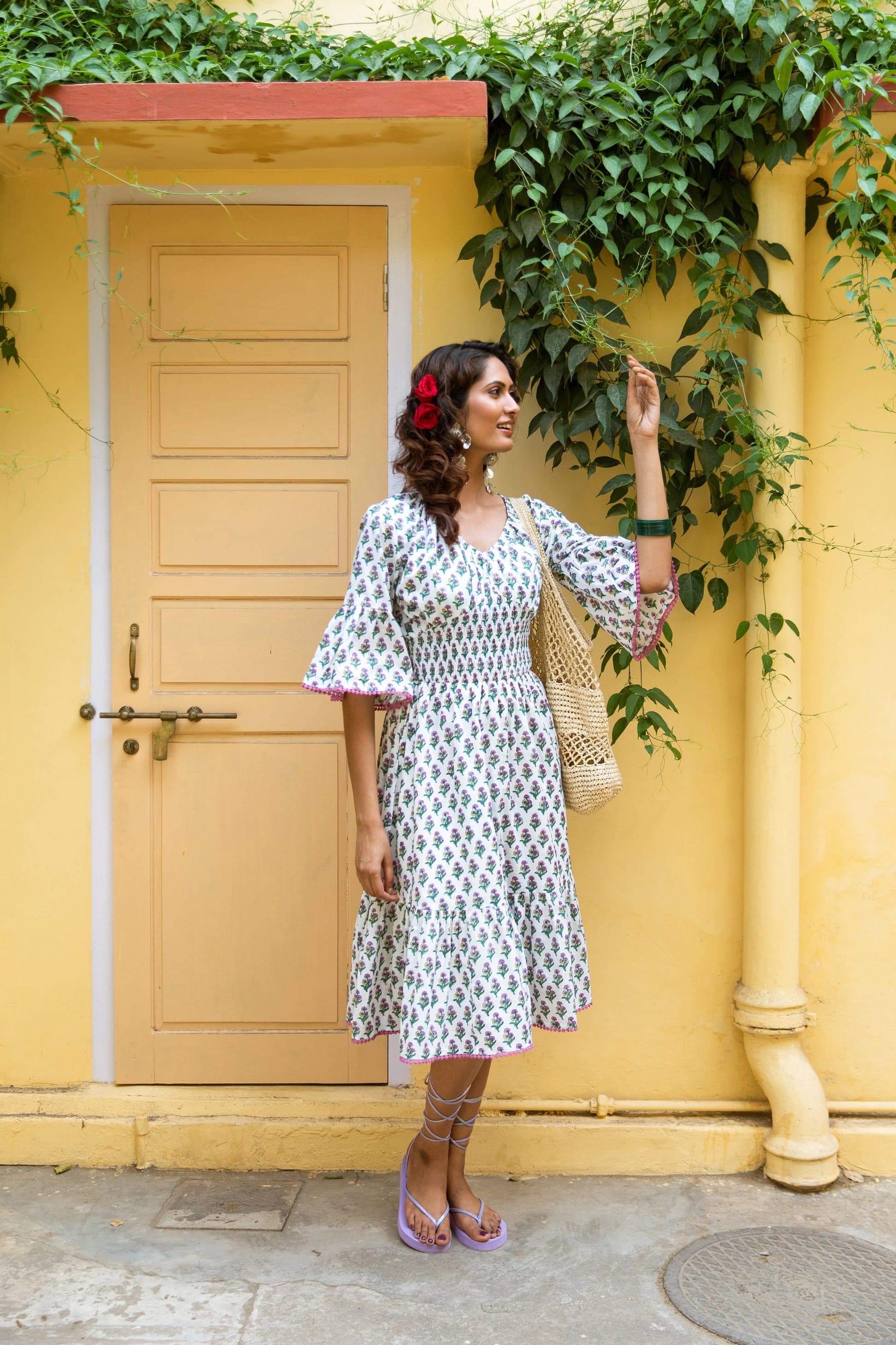 LEILA BLOCK PRINT COTTON MIDI DRESS WHITE PINK BOOTI