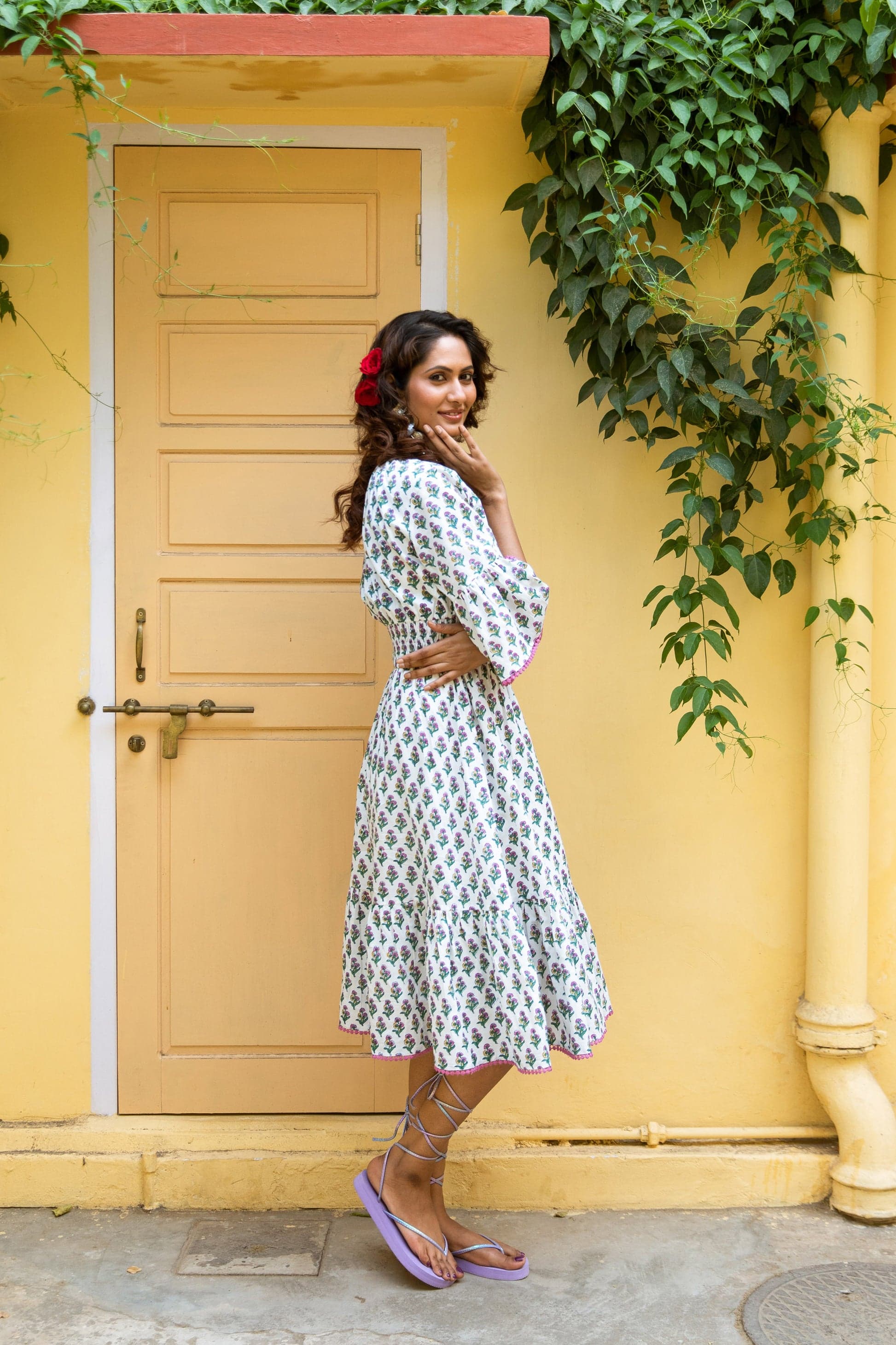 LEILA BLOCK PRINT COTTON MIDI DRESS WHITE PINK BOOTI