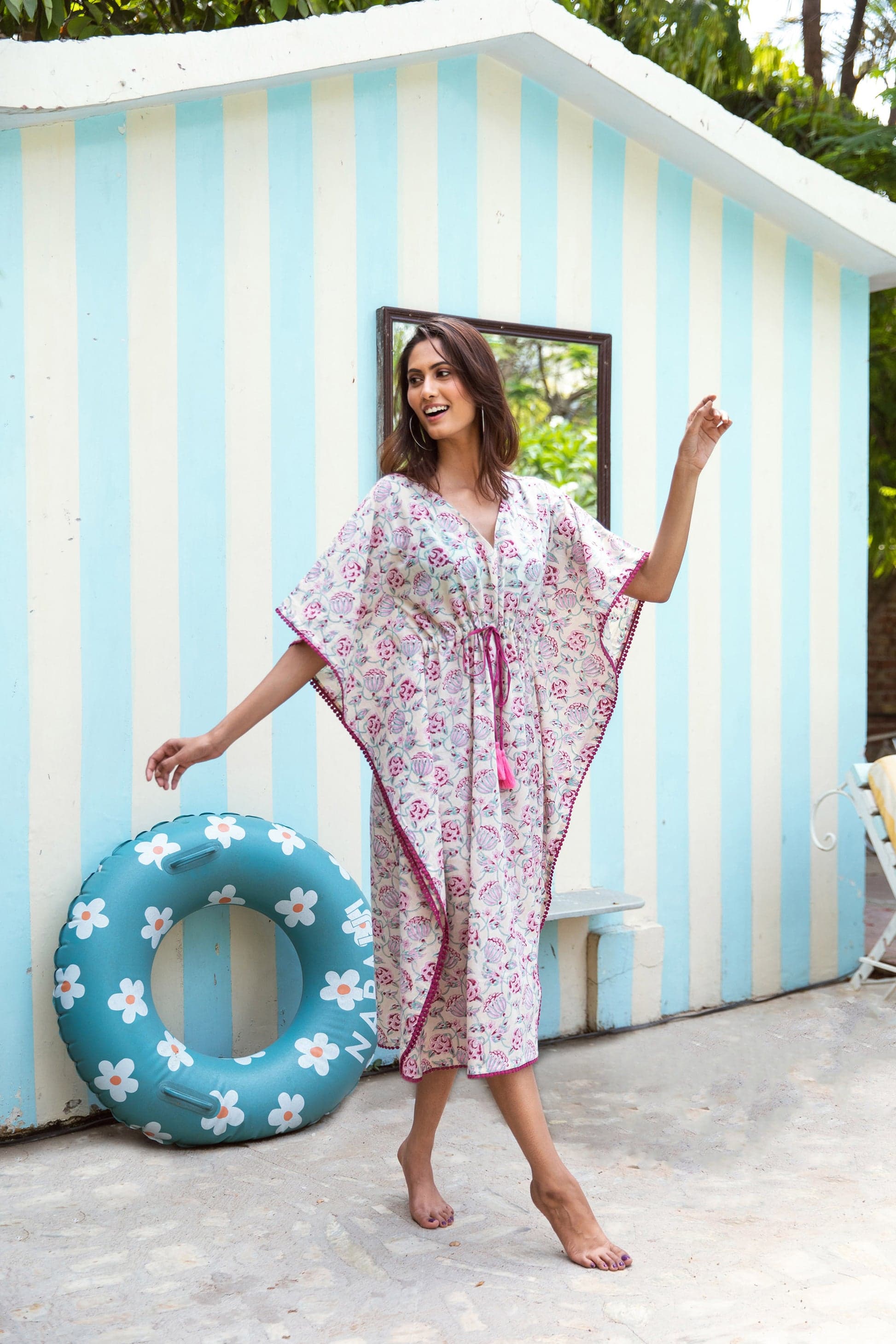 ALIA BLOCK PRINT KAFTAN IN PEACH PINK FLORAL VINE