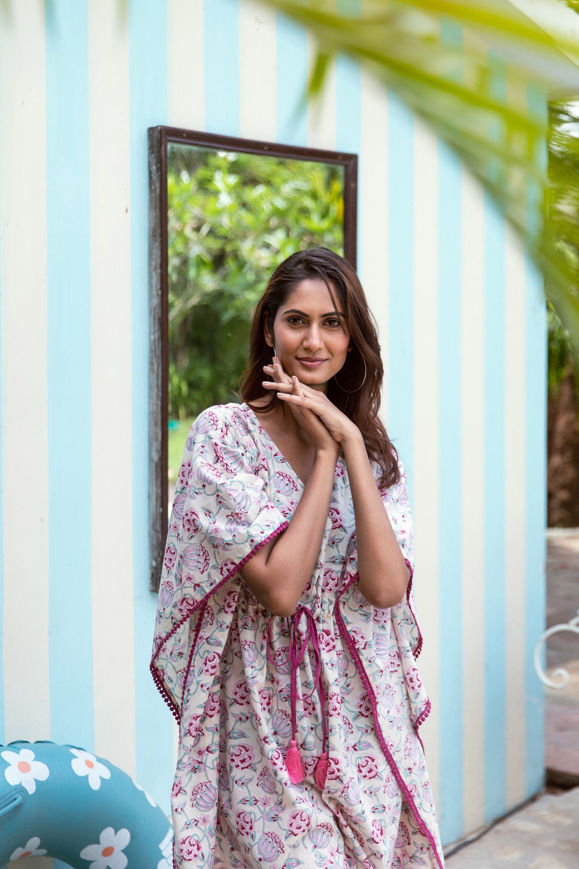 ALIA BLOCK PRINT KAFTAN IN PEACH PINK FLORAL VINE