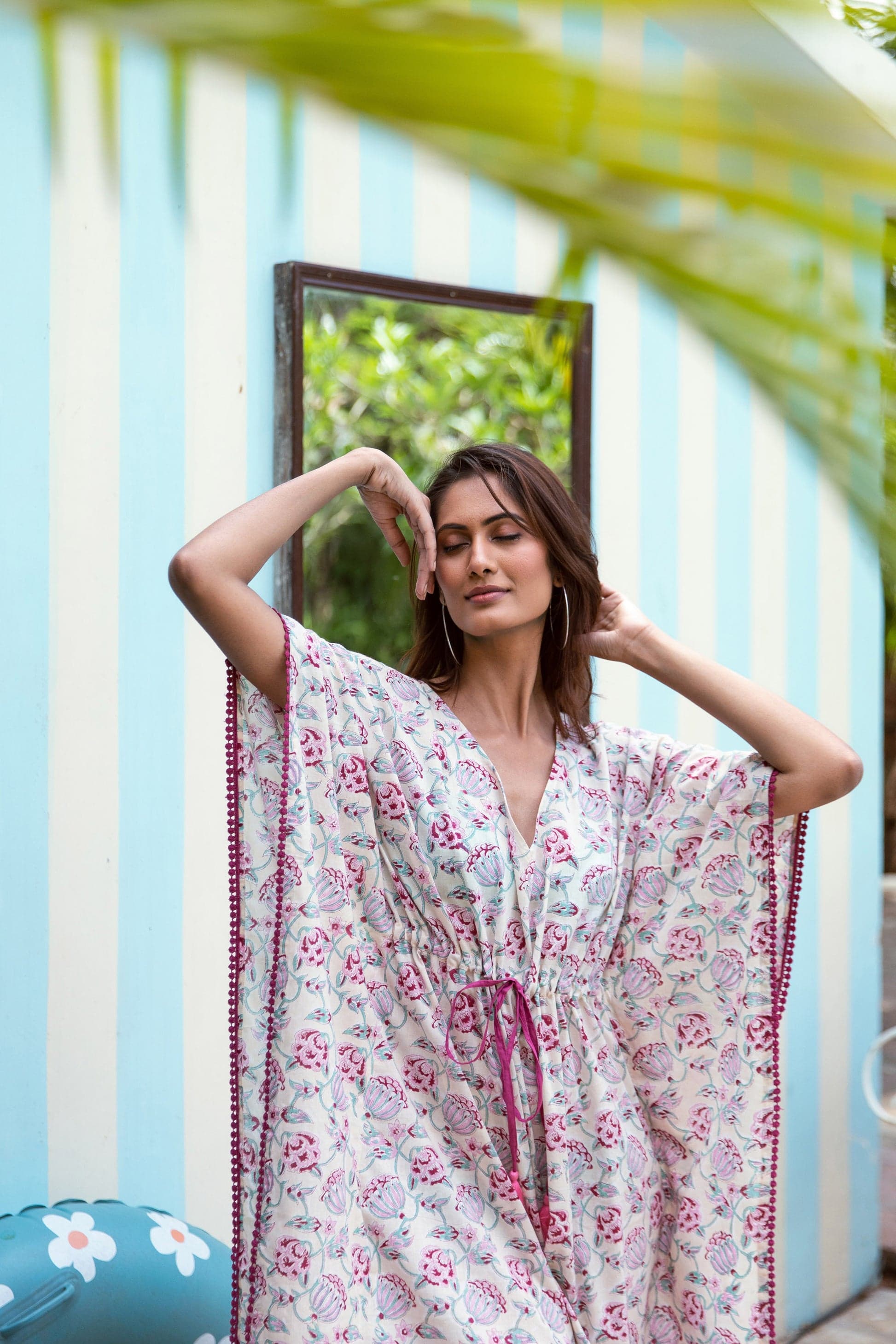 ALIA BLOCK PRINT KAFTAN IN PEACH PINK FLORAL VINE