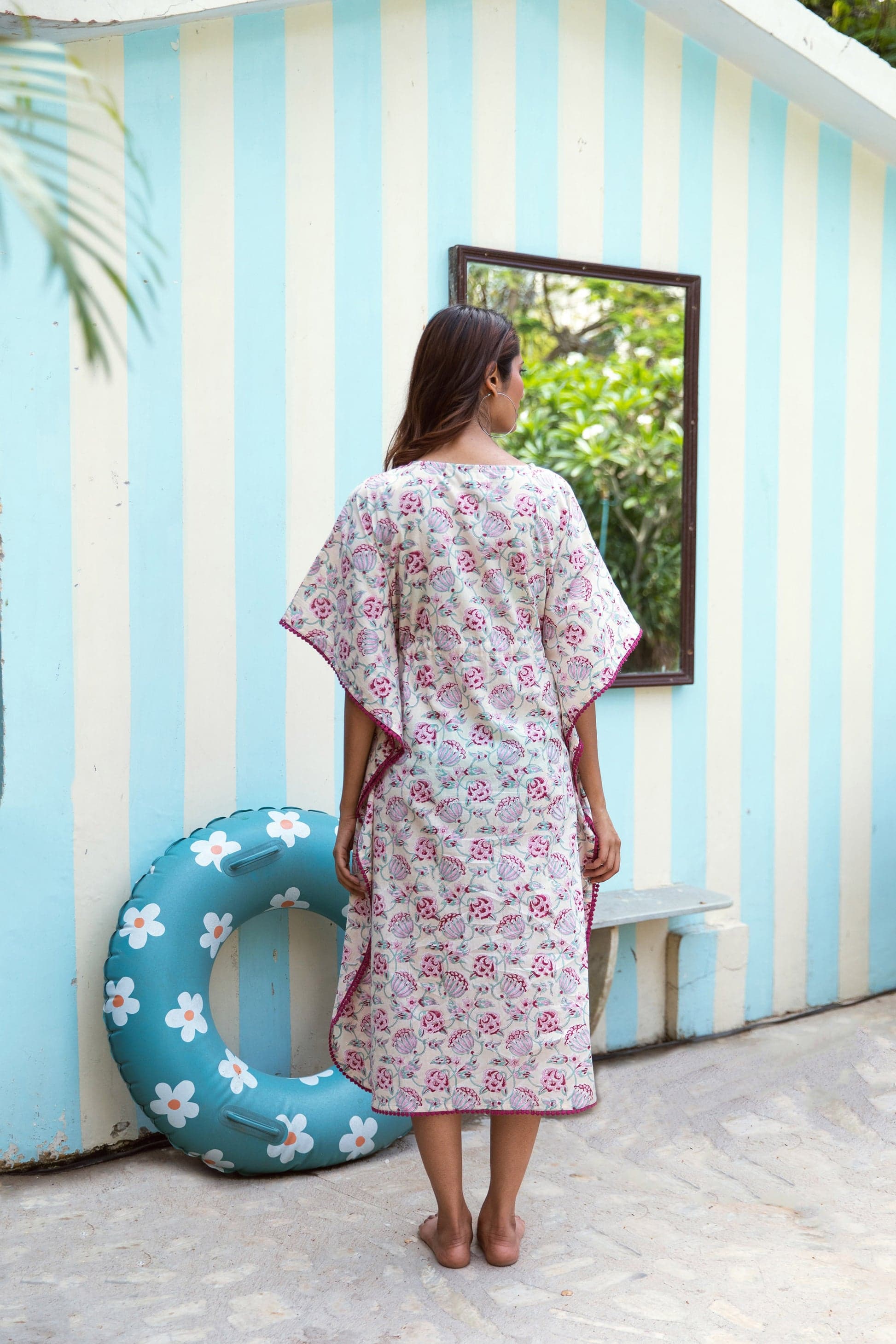 ALIA BLOCK PRINT KAFTAN IN PEACH PINK FLORAL VINE