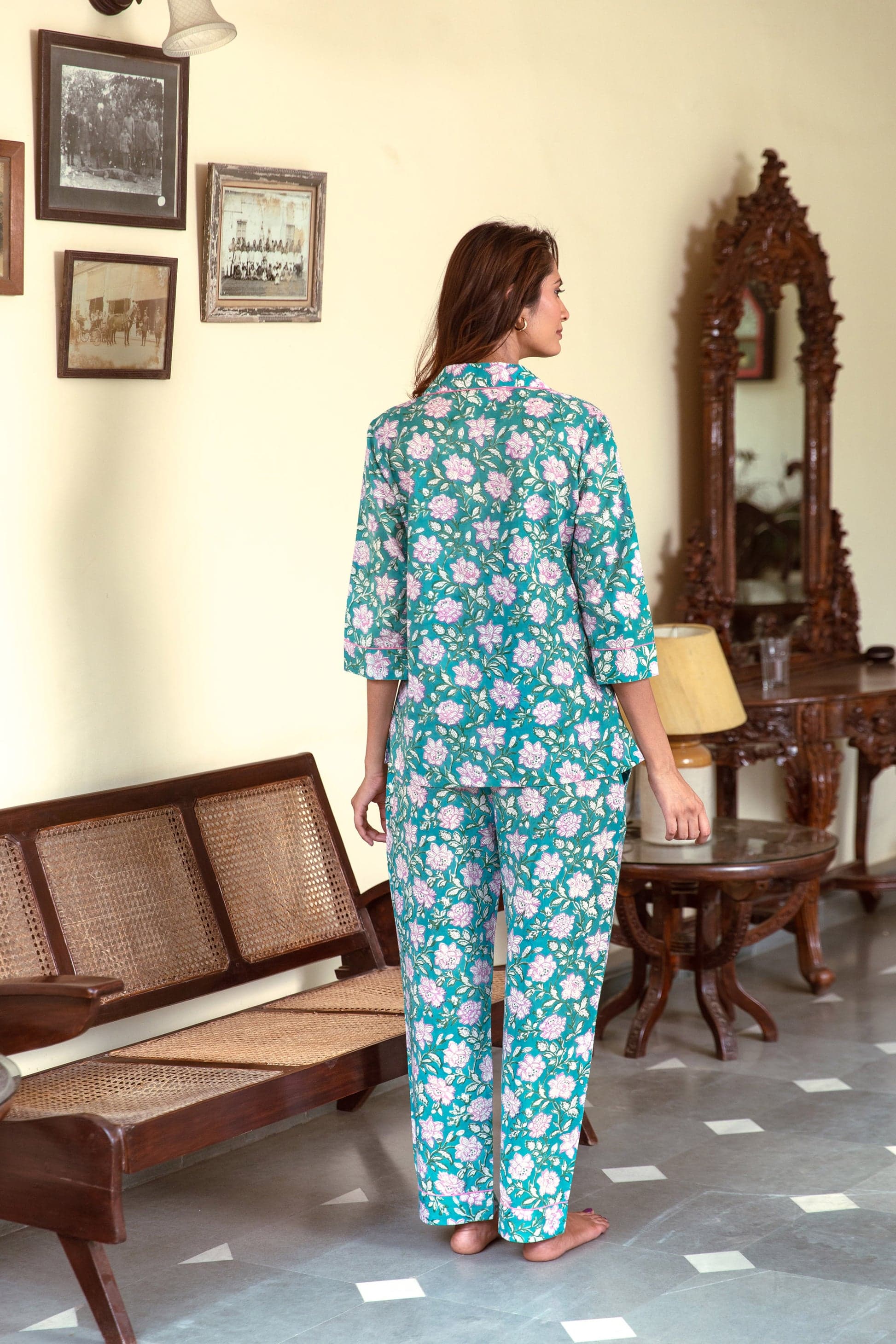 DARK TURQUOISE FLORAL VINE BLOCK PRINT LONG PJ SET