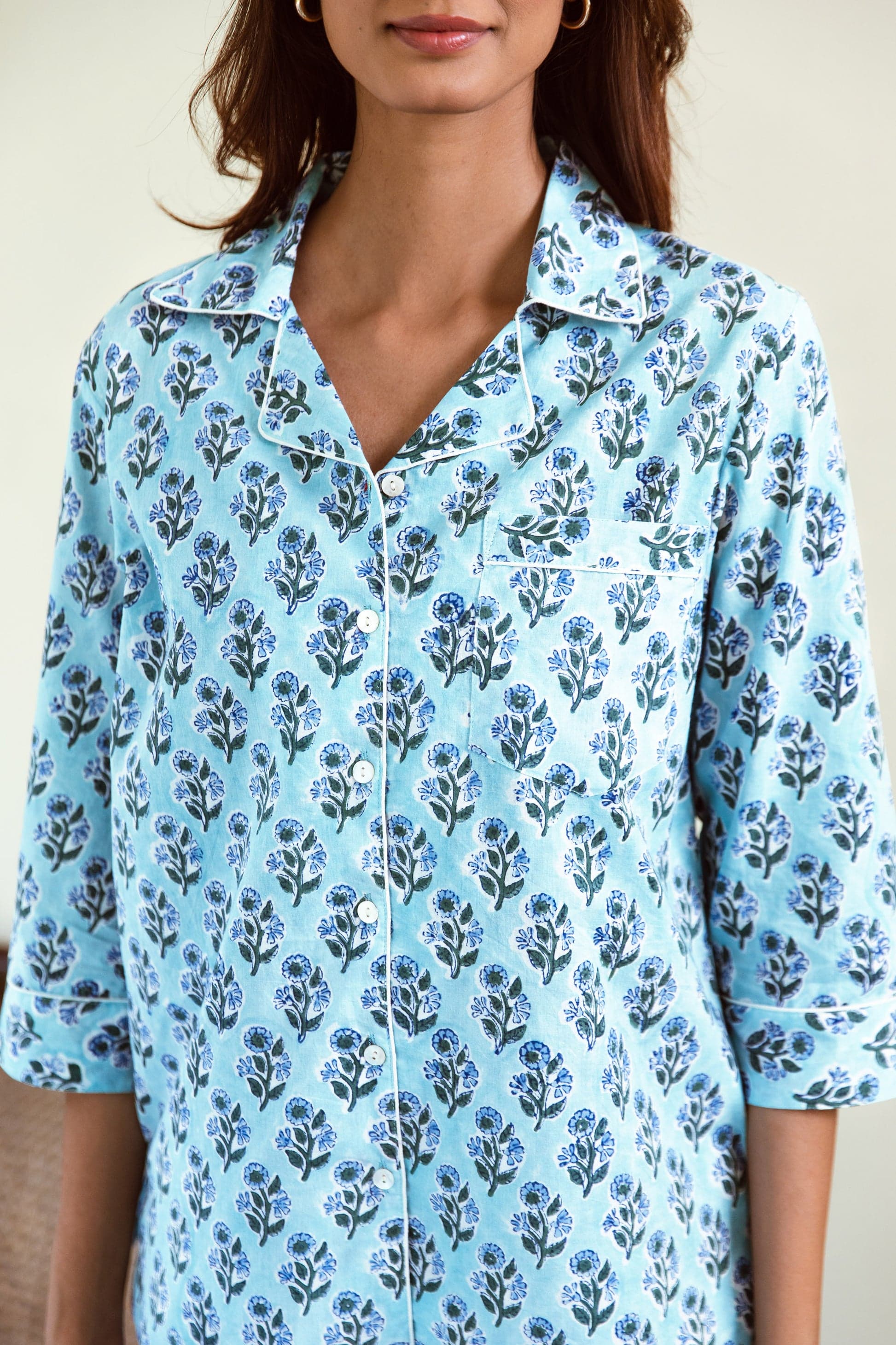 SKY BLUE FLORAL BOOTI BLOCK PRINT LONG PJ SET