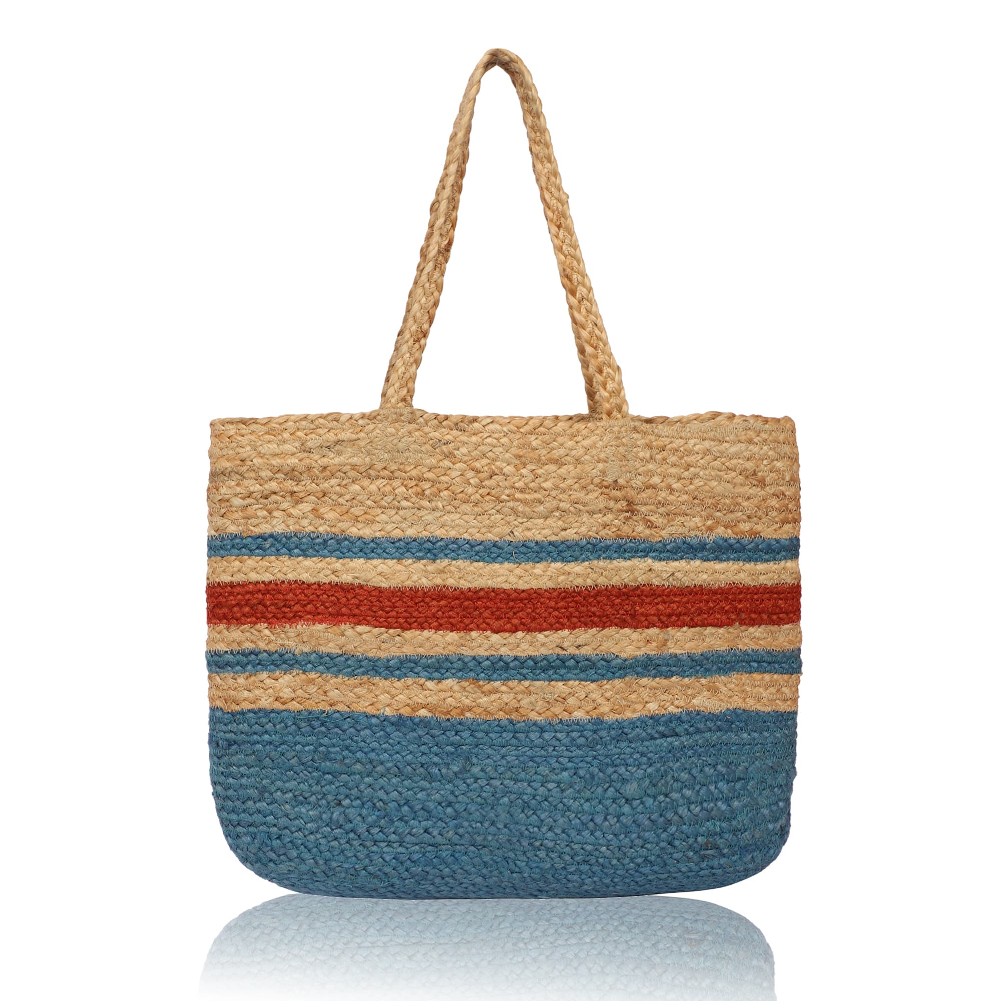 BLUE RED STRIPES JUTE  TOTE BAG