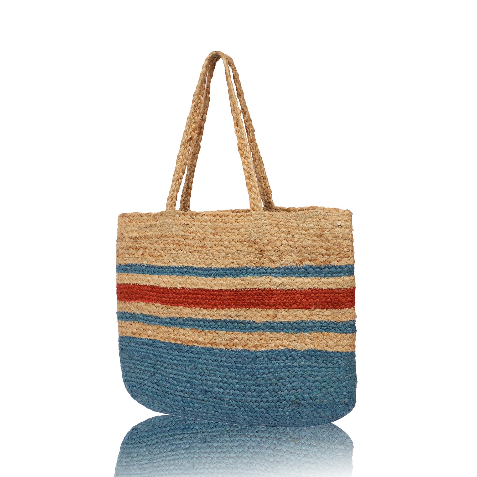 BLUE RED STRIPES JUTE  TOTE BAG