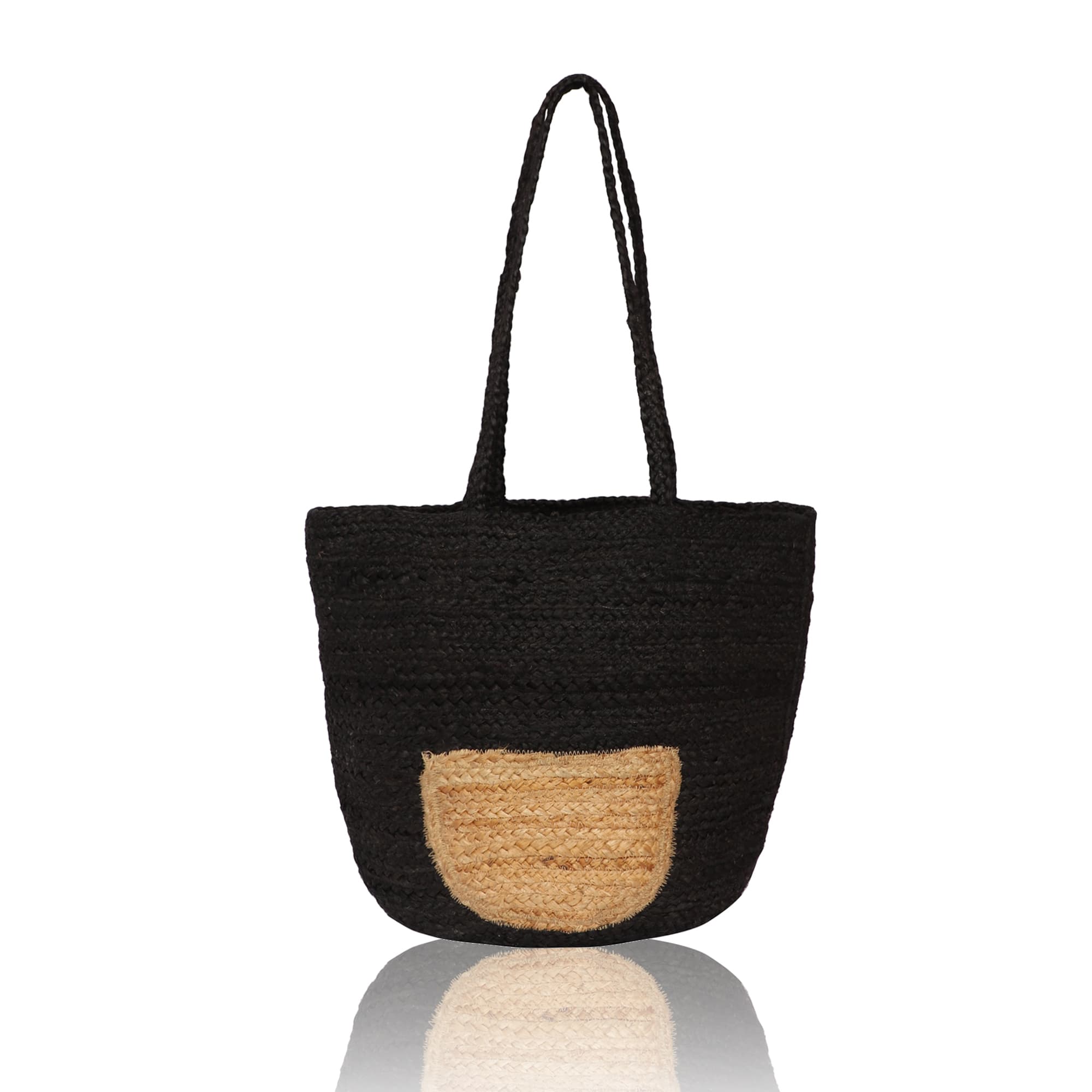 BLACK WOVEN JUTE TOTE WITH POCKET IN FRONT
