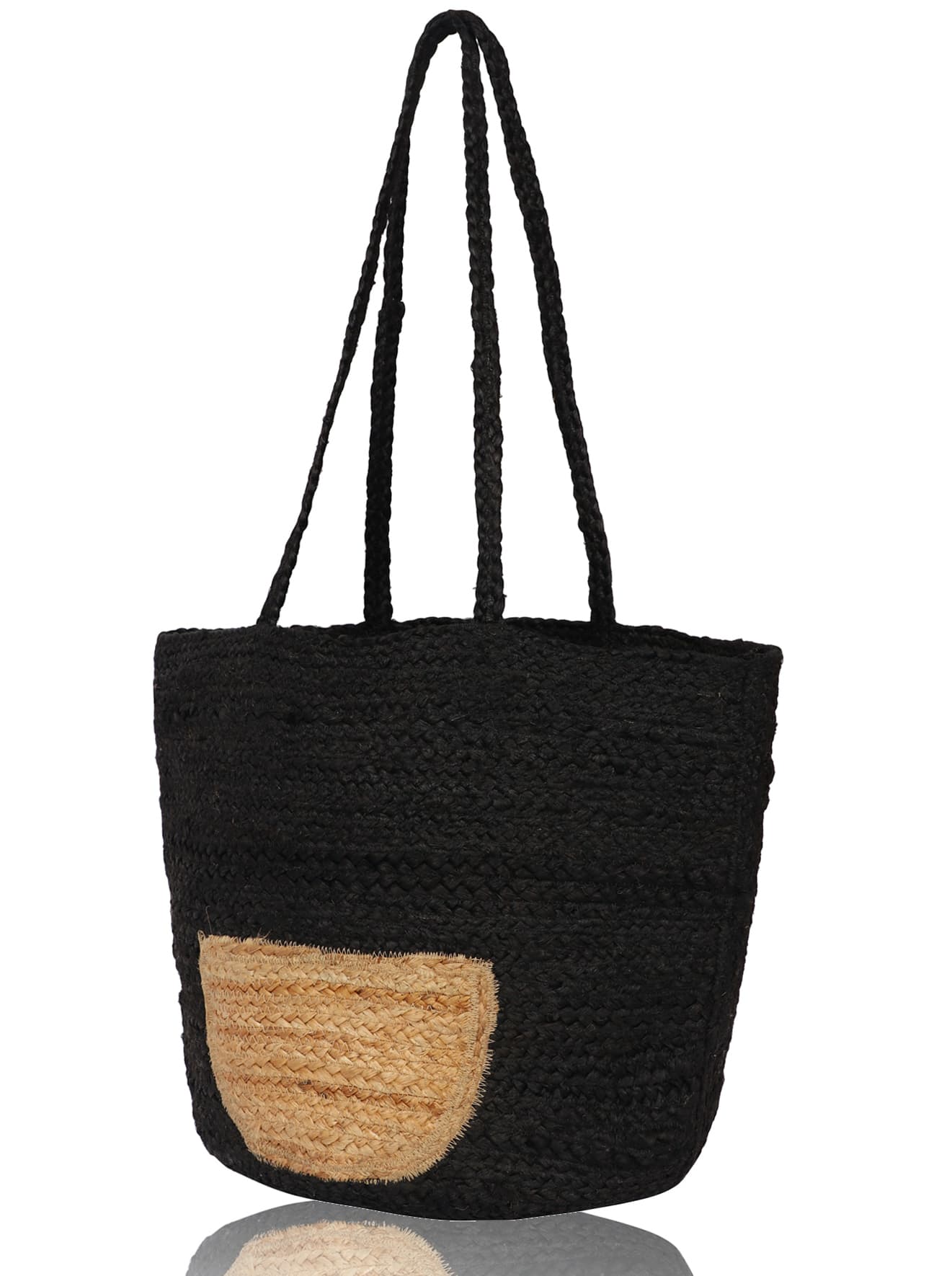 BLACK WOVEN JUTE TOTE WITH POCKET IN FRONT