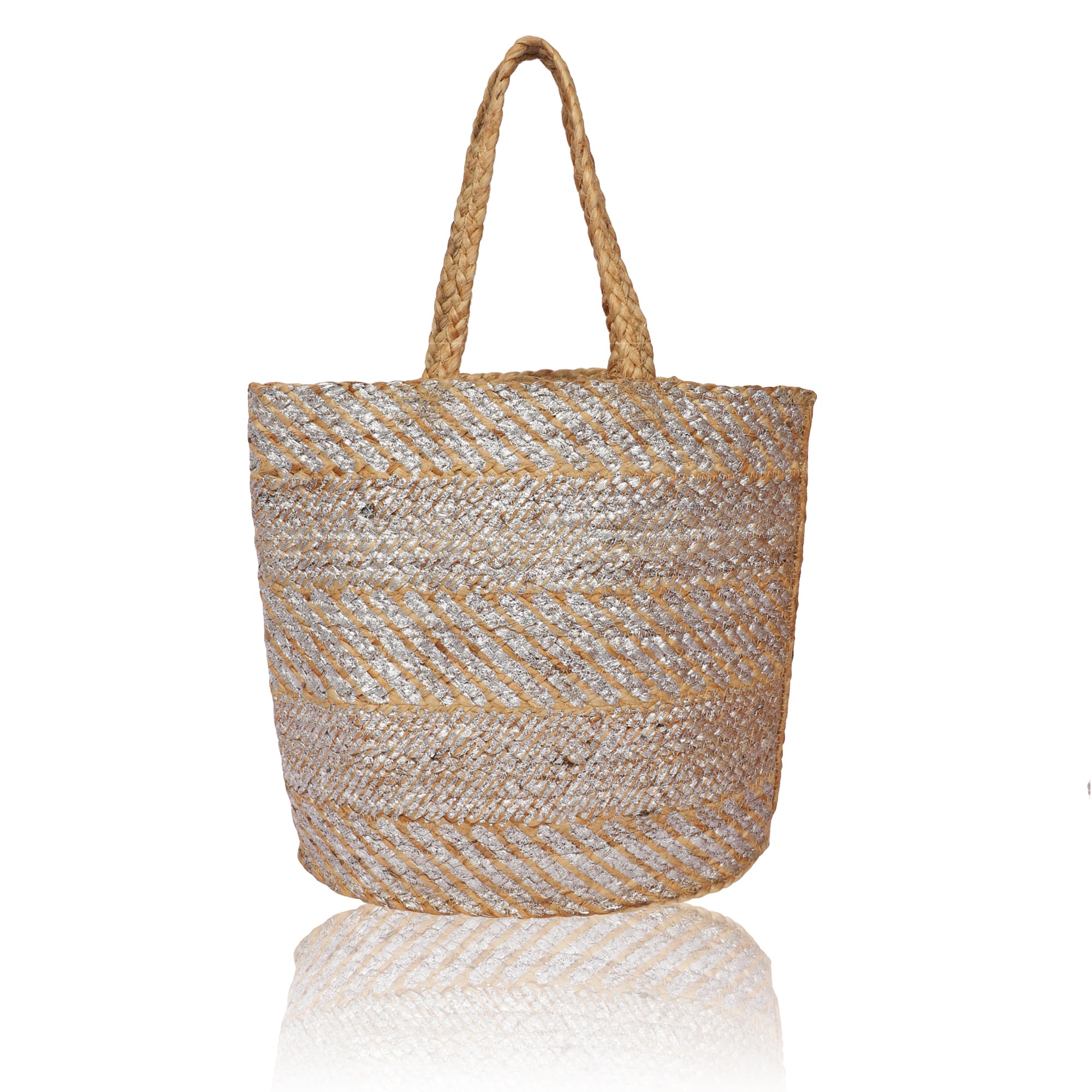 SILVER STRIPES  PRINT JUTE  TOTE BAG