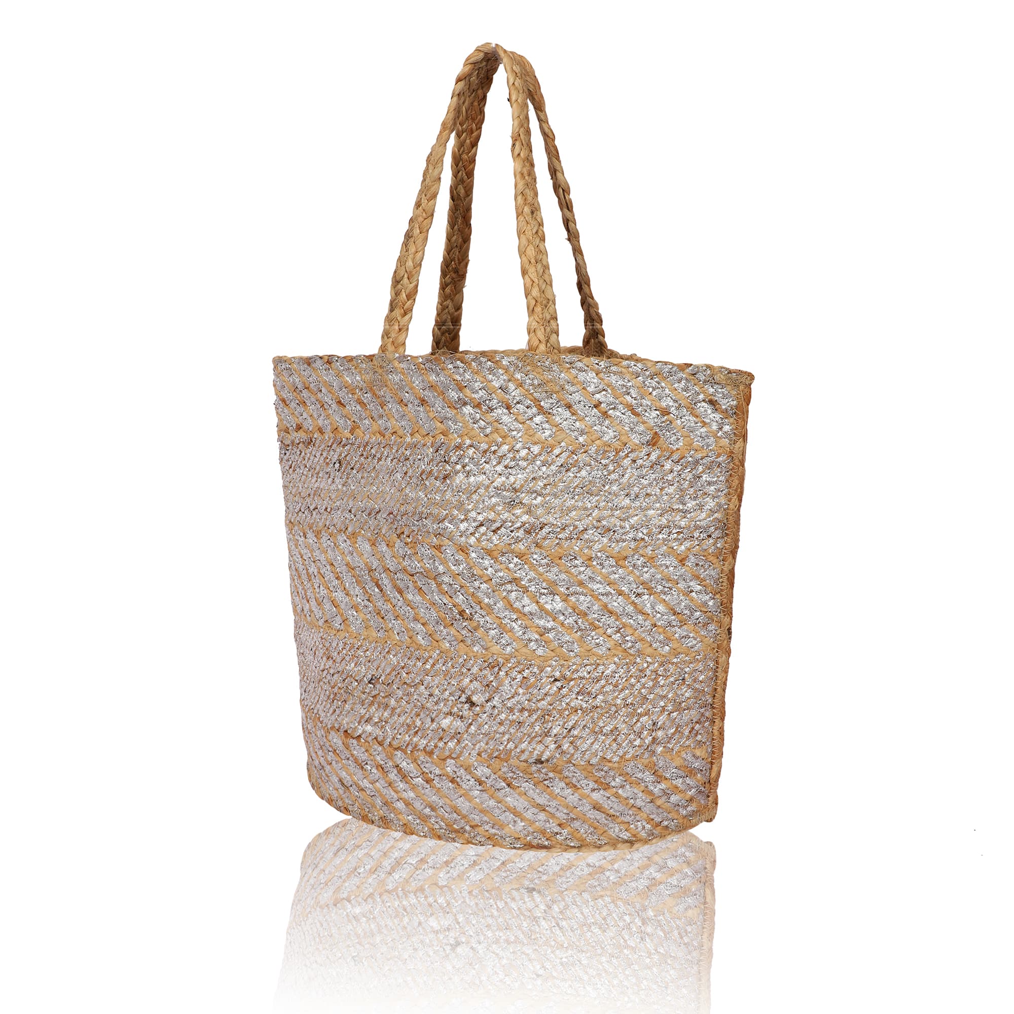 SILVER STRIPES  PRINT JUTE  TOTE BAG