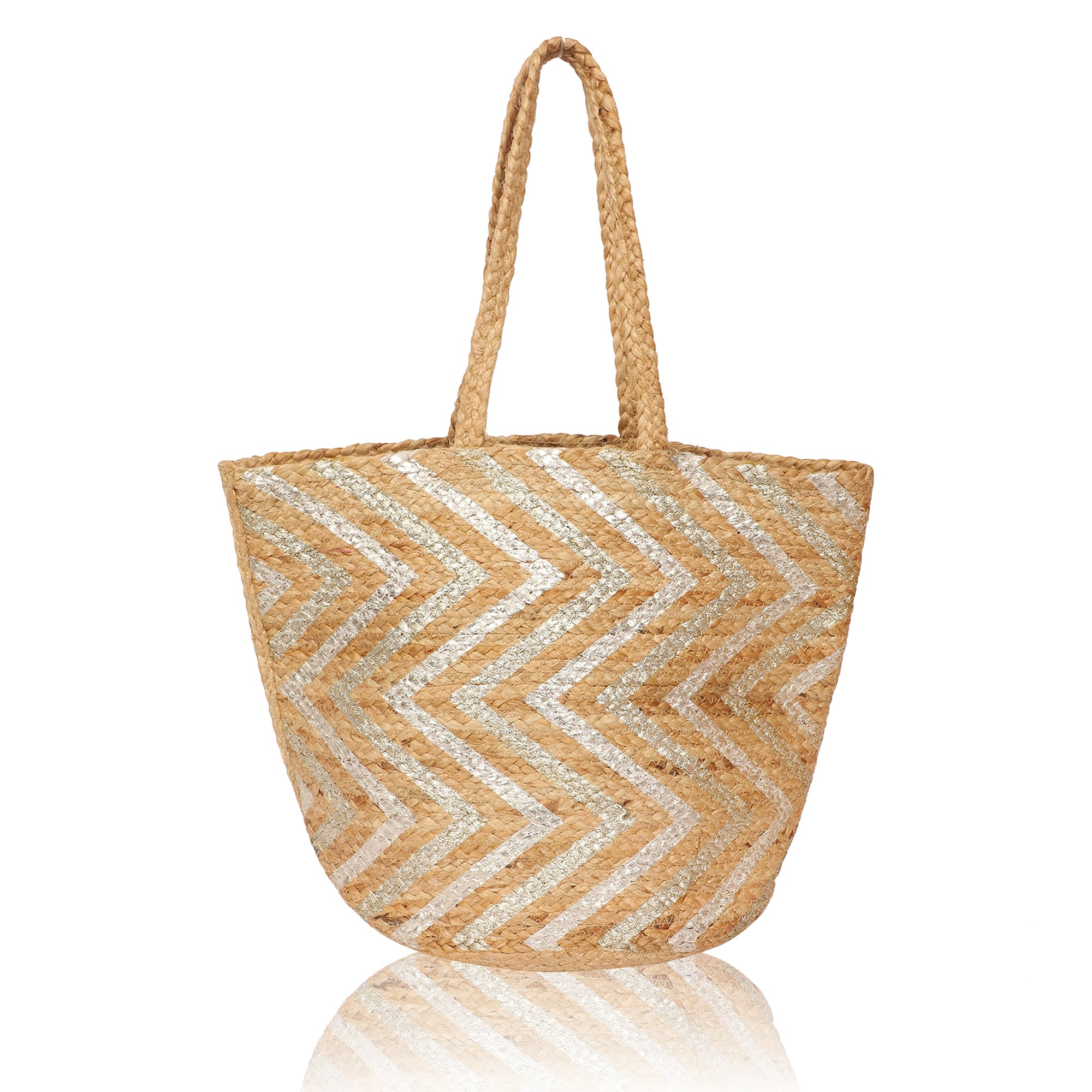 ZIG ZAG STRIPES  FOIL PRINT JUTE  TOTE BAG
