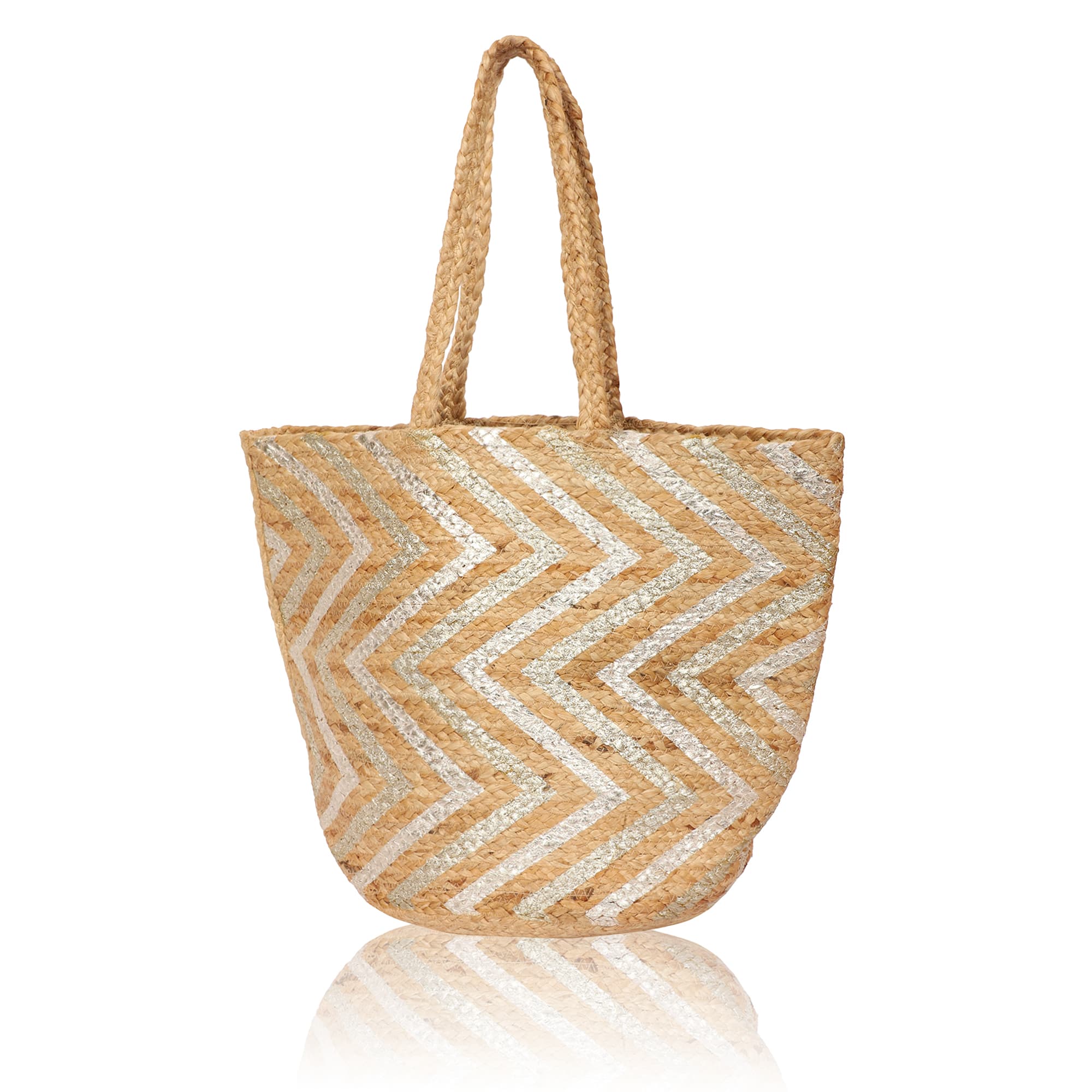 ZIG ZAG STRIPES  FOIL PRINT JUTE  TOTE BAG