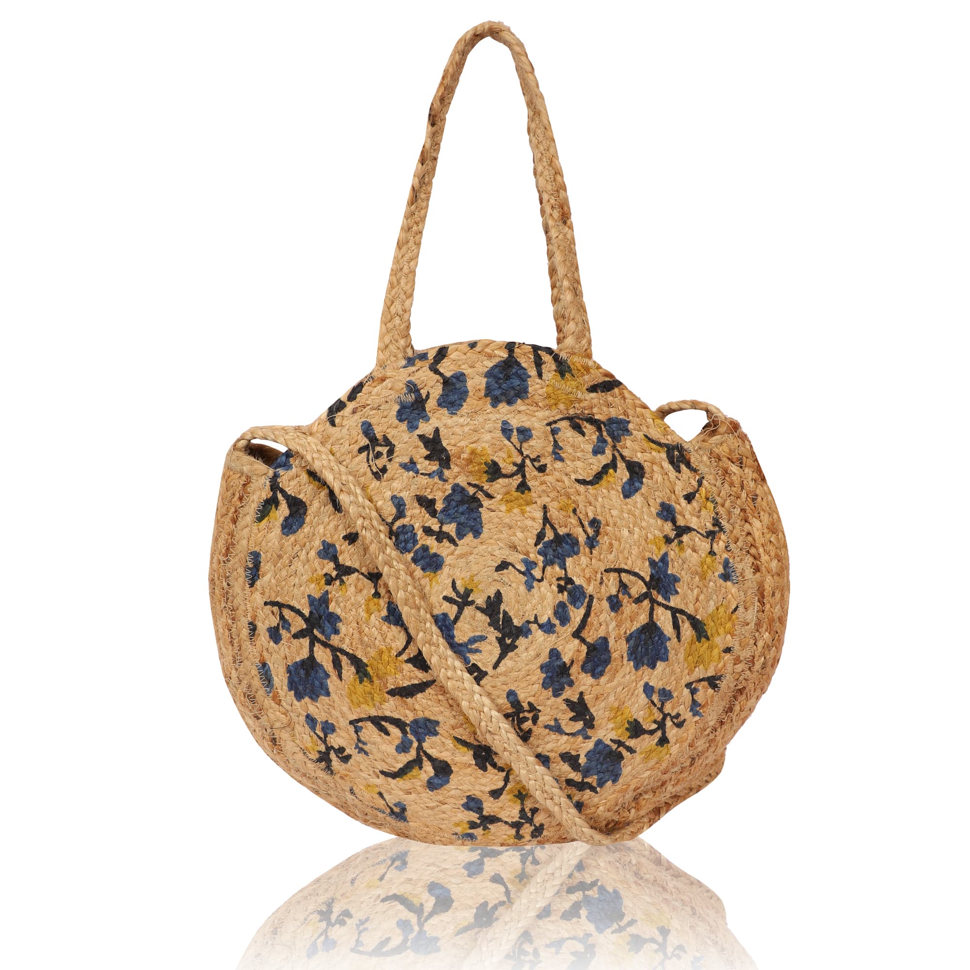 BLUE FLOWER PRINT  JUTE TOTE BAG