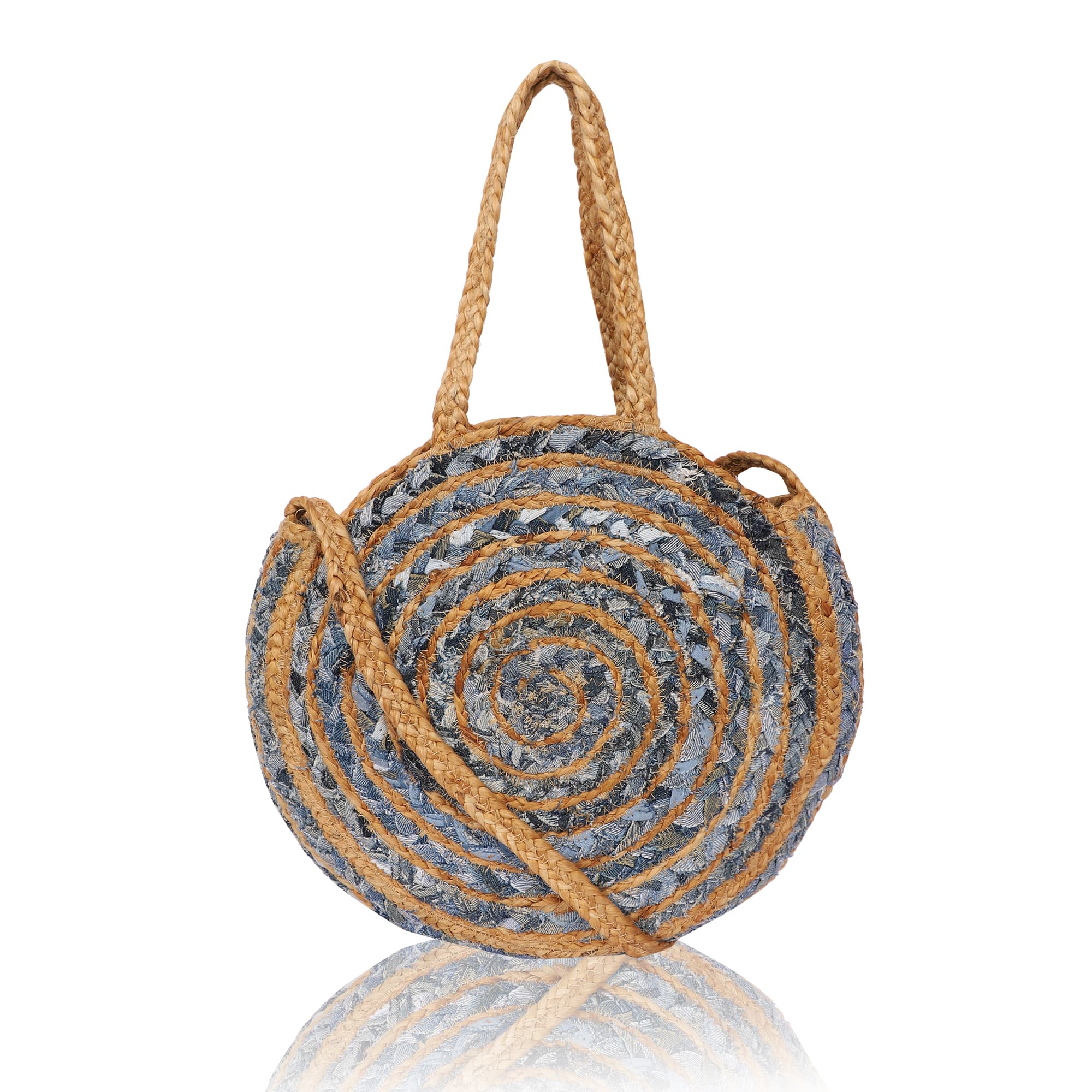 DENIM AND JUTE  WOVEN TOTE BAG