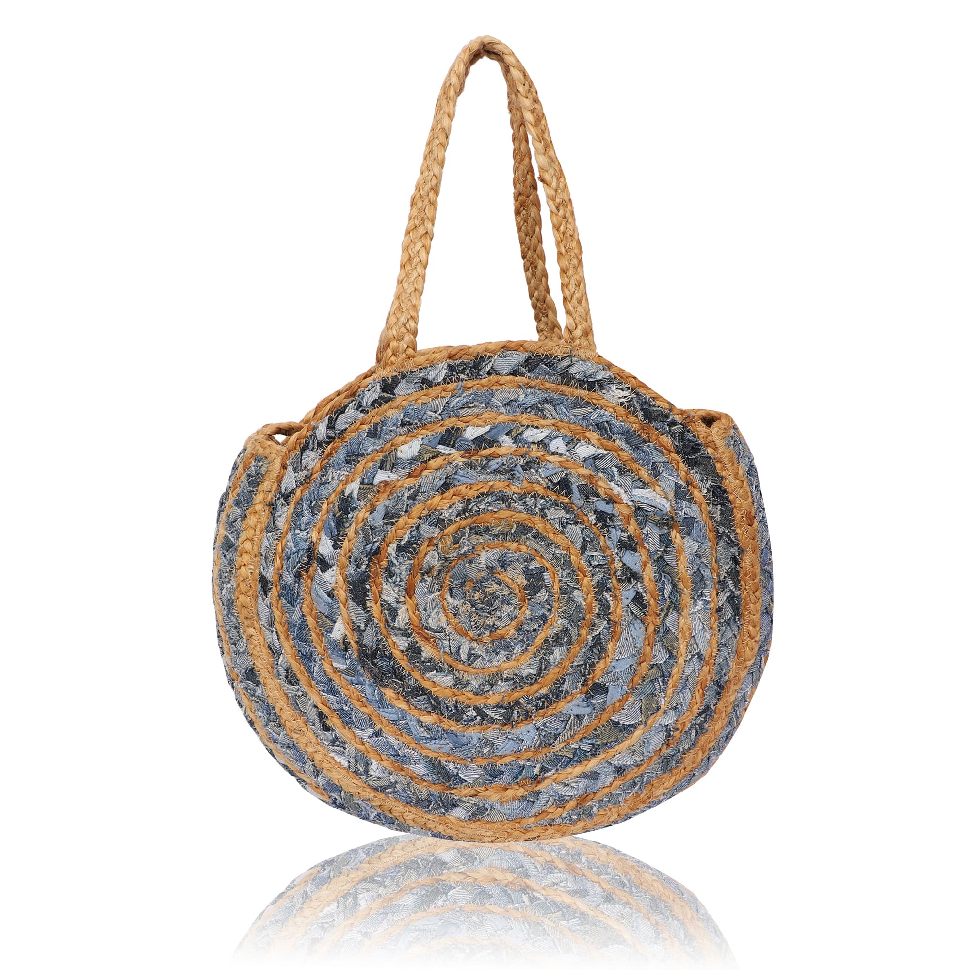 DENIM AND JUTE  WOVEN TOTE BAG