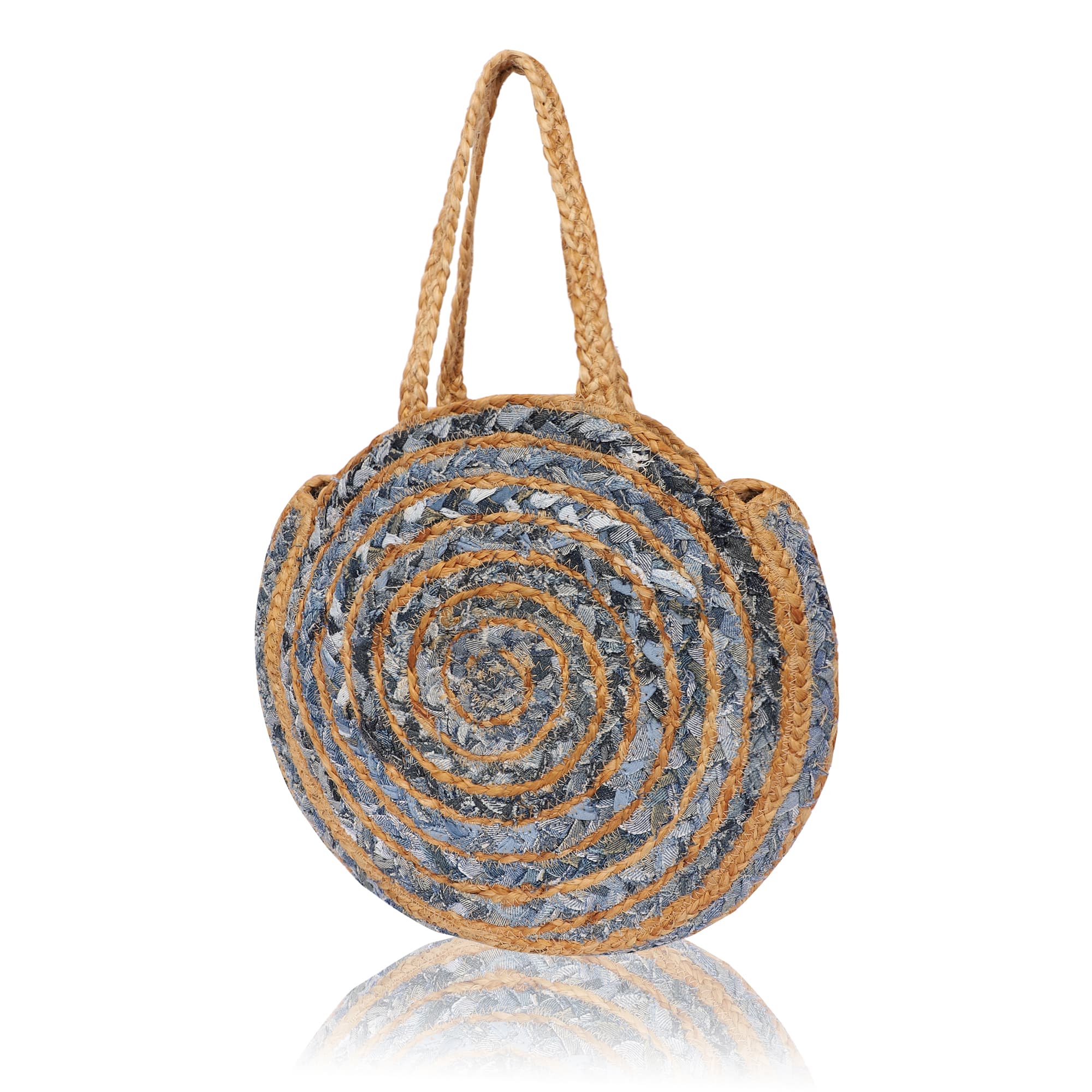 DENIM AND JUTE  WOVEN TOTE BAG