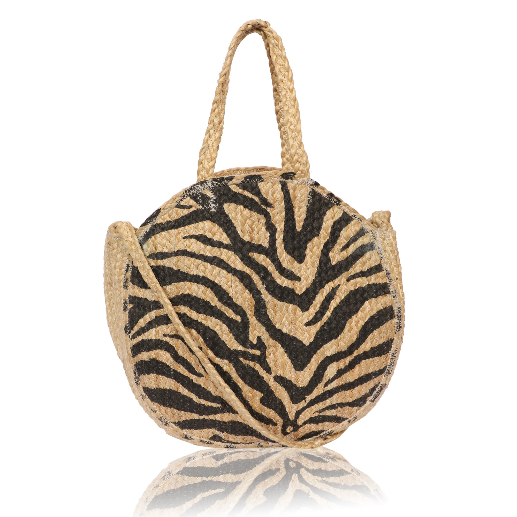 ZEBRA PRINT ROUND SHAPE JUTE TOTE BAG