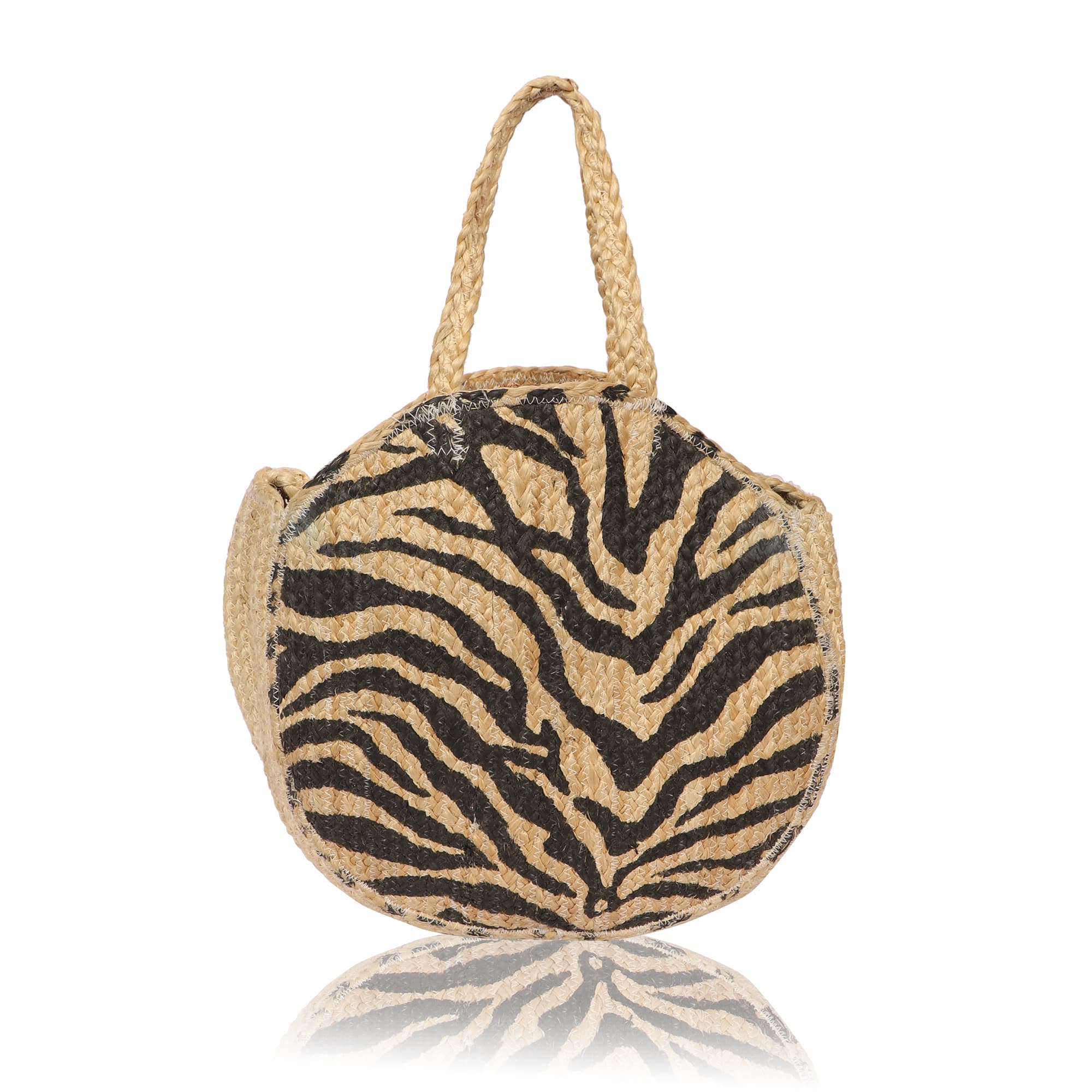 ZEBRA PRINT ROUND SHAPE JUTE TOTE BAG