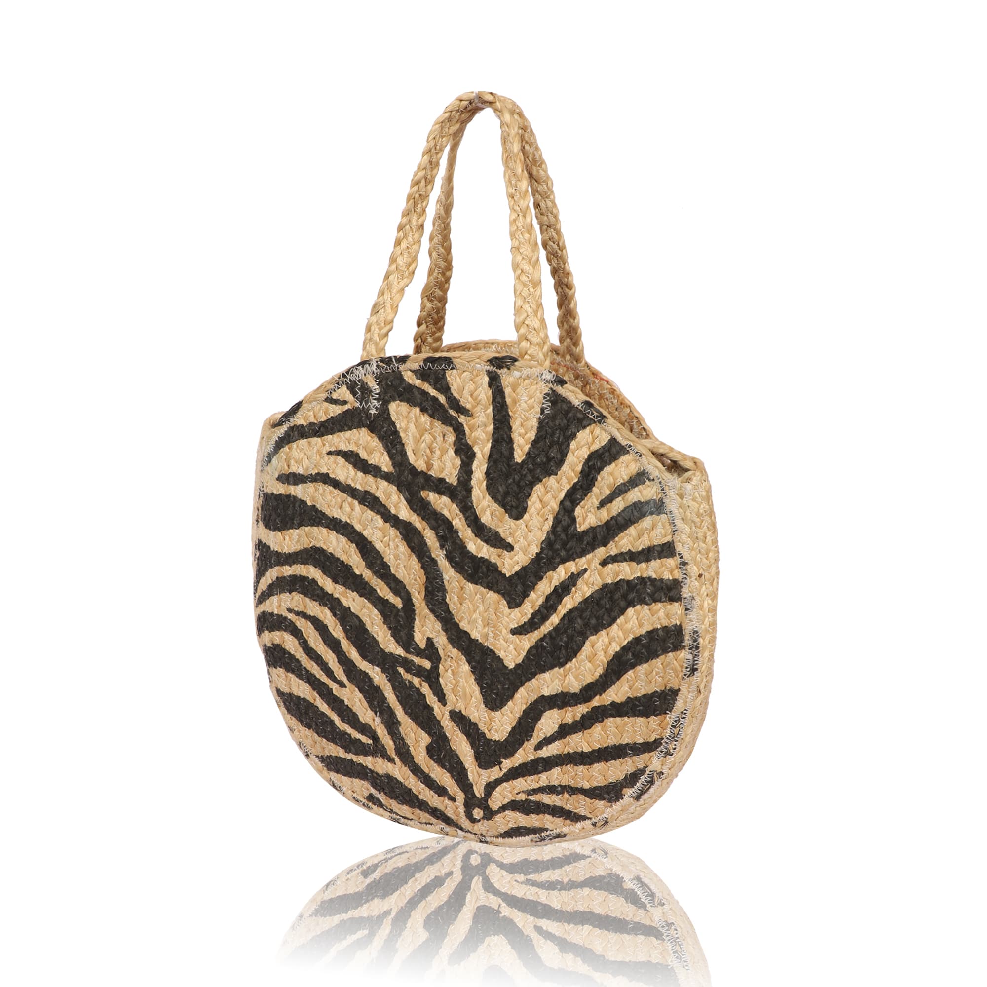 ZEBRA PRINT ROUND SHAPE JUTE TOTE BAG