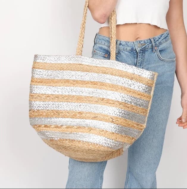 SILVER STRIPE  PRINT JUTE TOTE BAG