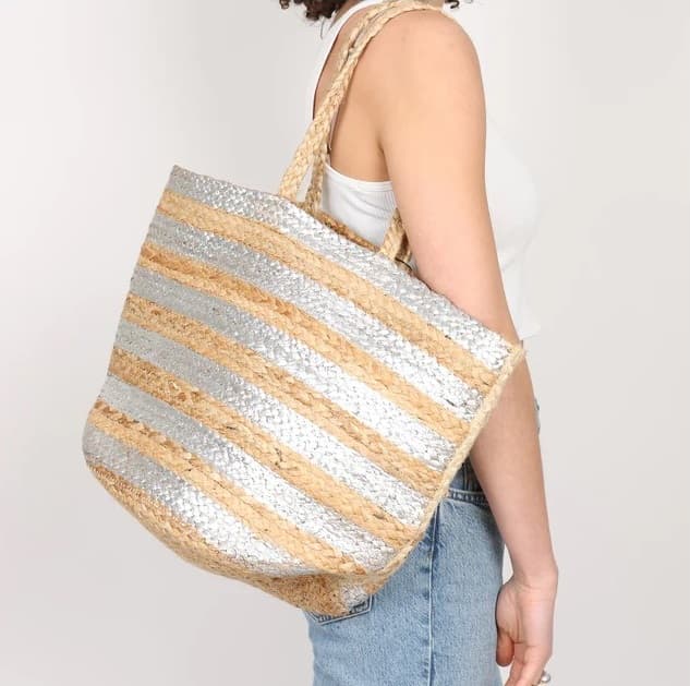 SILVER STRIPE  PRINT JUTE TOTE BAG