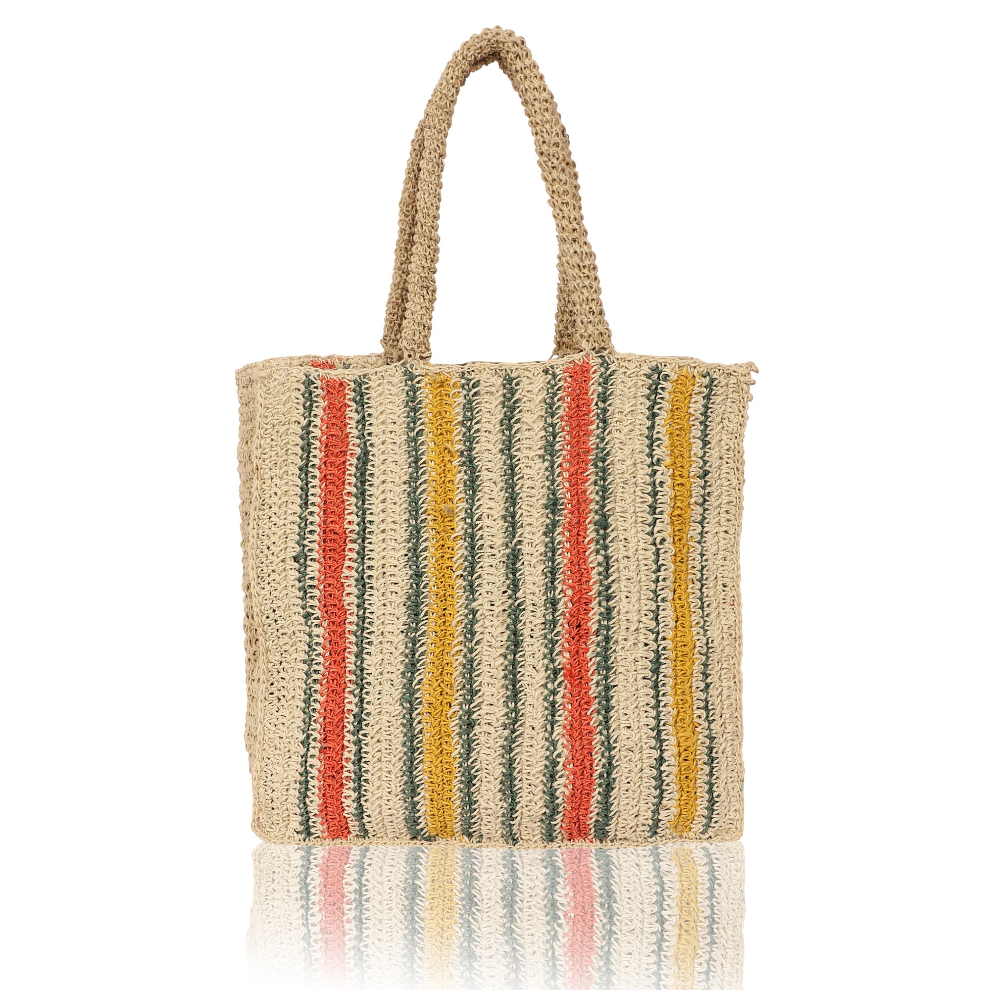 ORANGE YELLOW STRIPES JUTE MACRAME  TOTE BAG