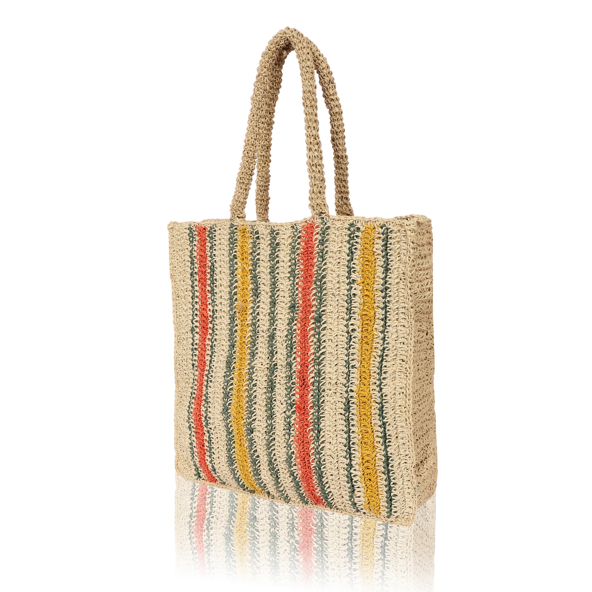 ORANGE YELLOW STRIPES JUTE MACRAME  TOTE BAG