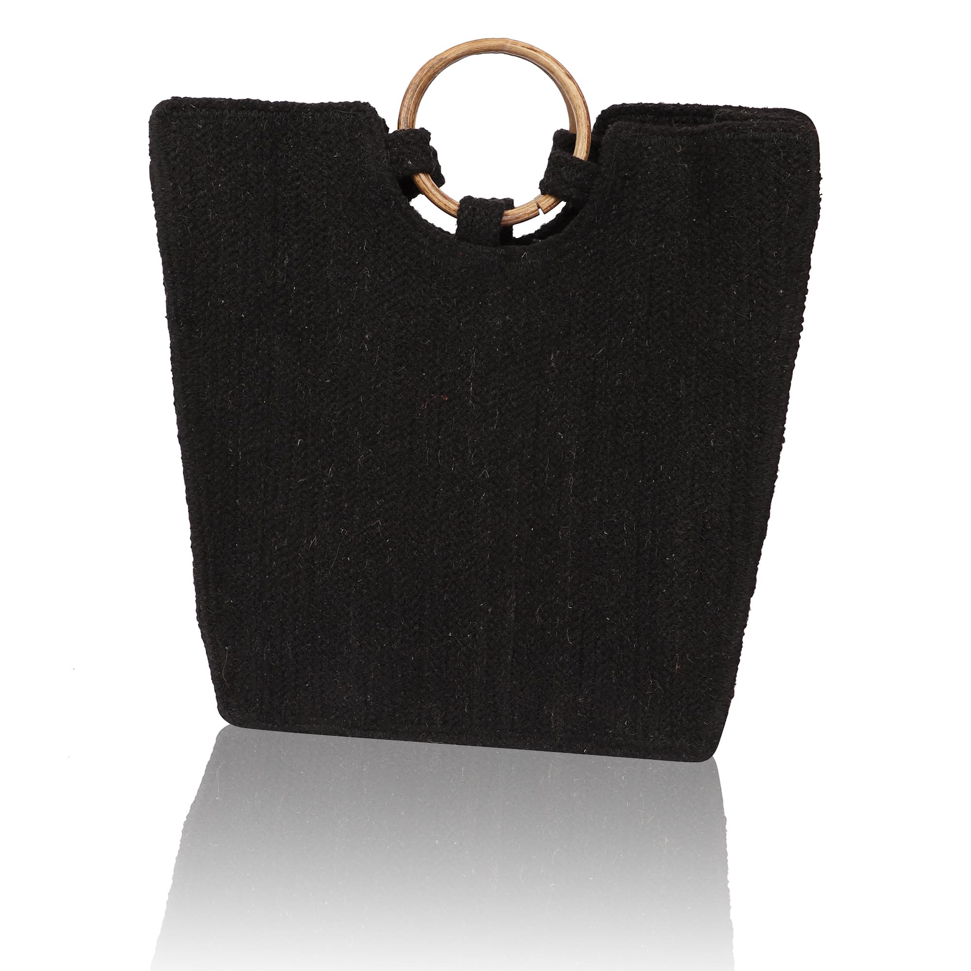 BLACK WOVEN BAG WITH WOOD HANDLES