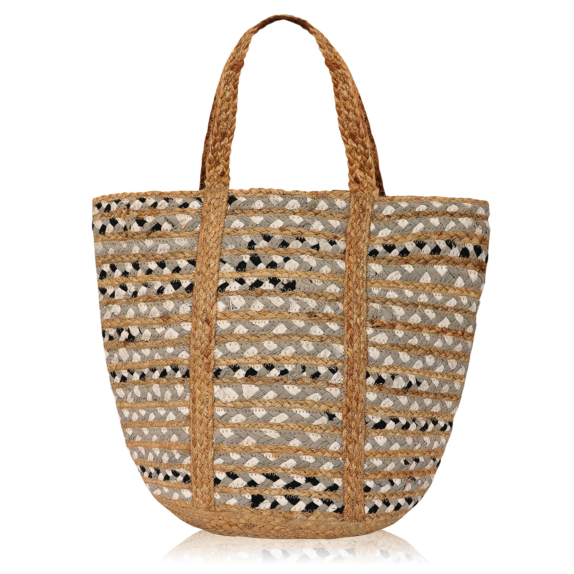 GREY WHITE BLACK JUTE  WOVEN TOTE BAG