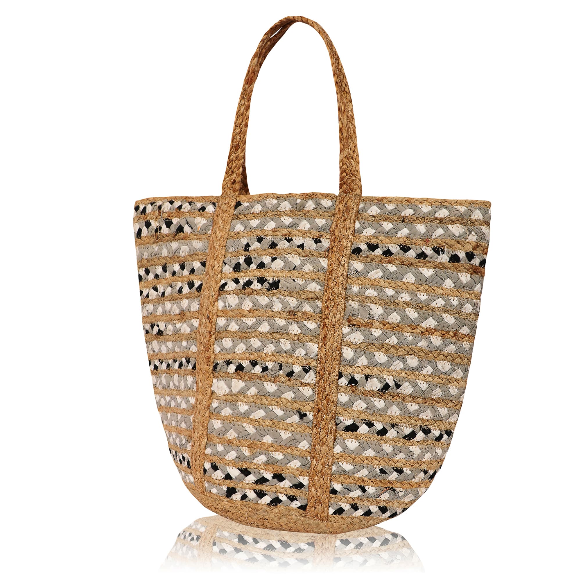 GREY WHITE BLACK JUTE  WOVEN TOTE BAG