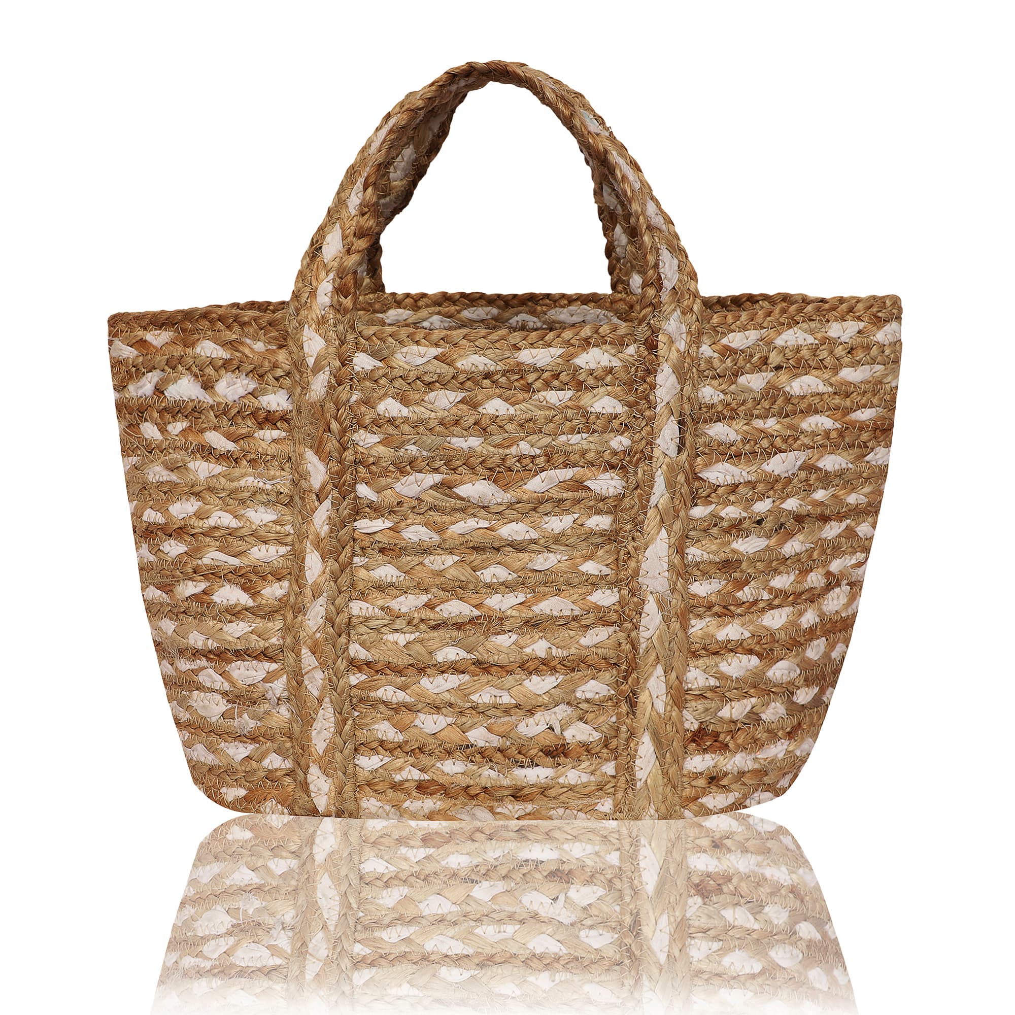 WHITE STRIPE BRAIDED JUTE  TOTE BAG