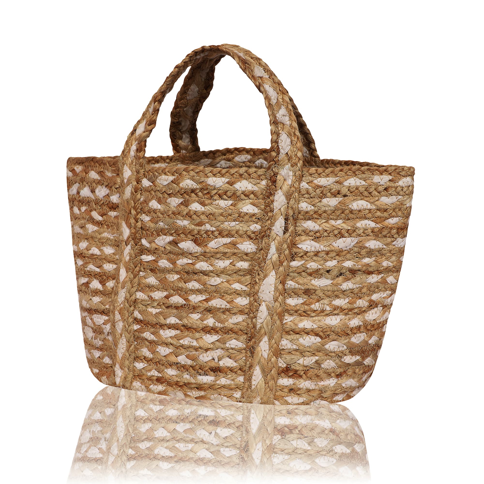 WHITE STRIPE BRAIDED JUTE  TOTE BAG