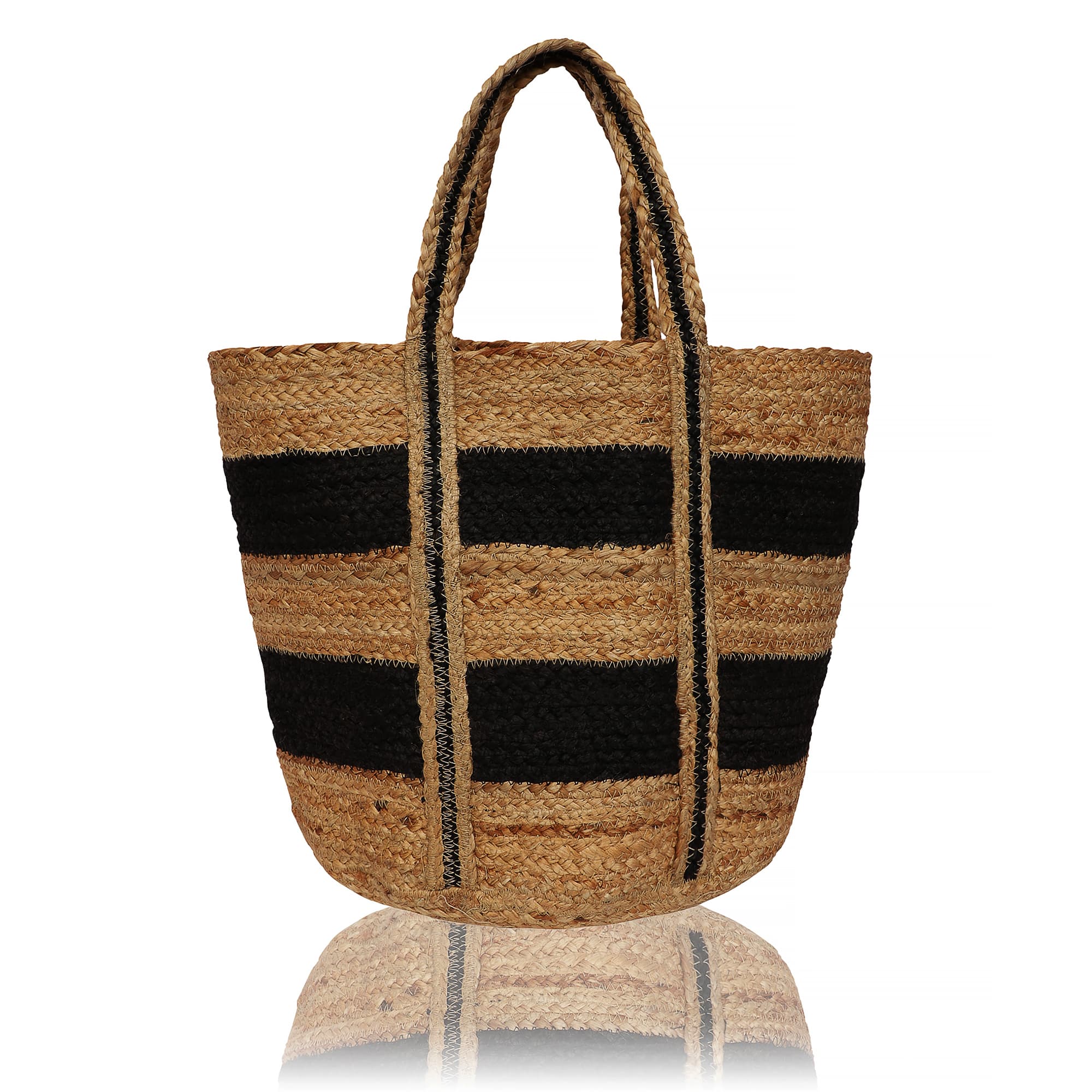 LARGE BLACK STRIPES BRIDED JUTE TOTE BAG