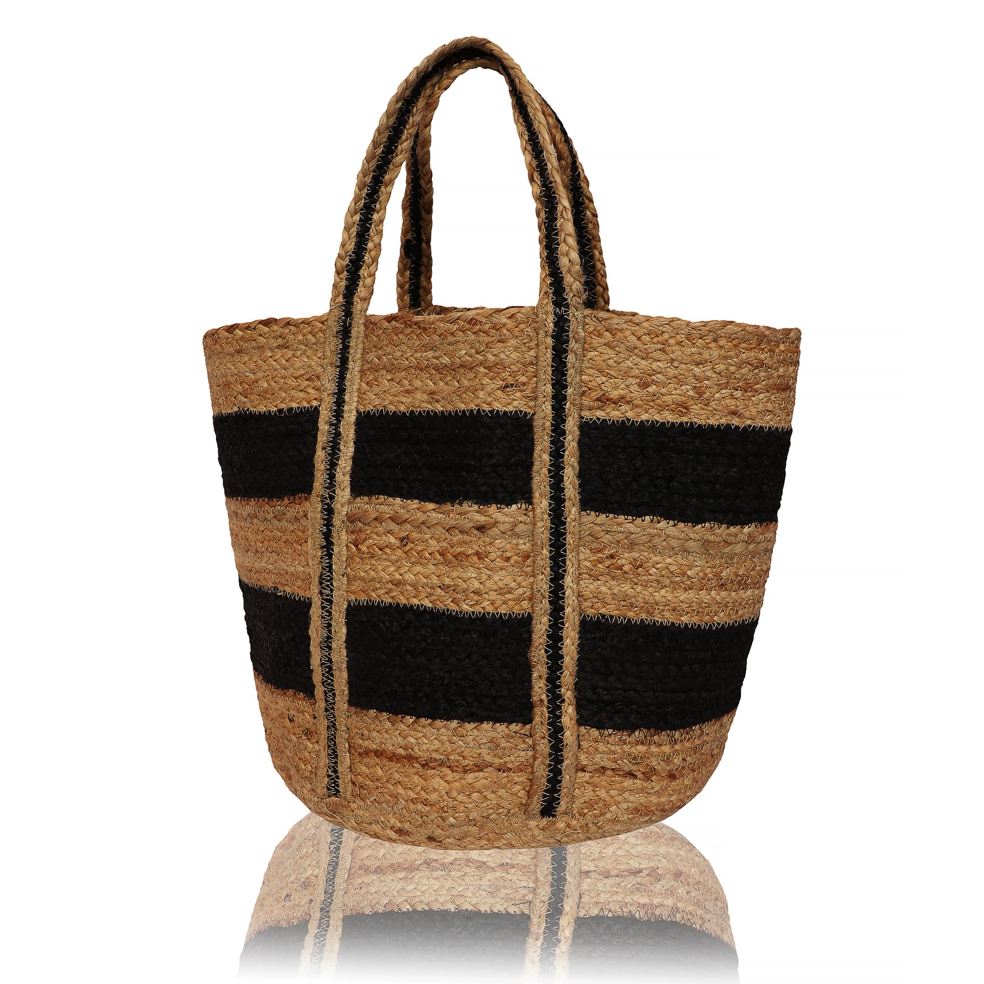 LARGE BLACK STRIPES BRIDED JUTE TOTE BAG
