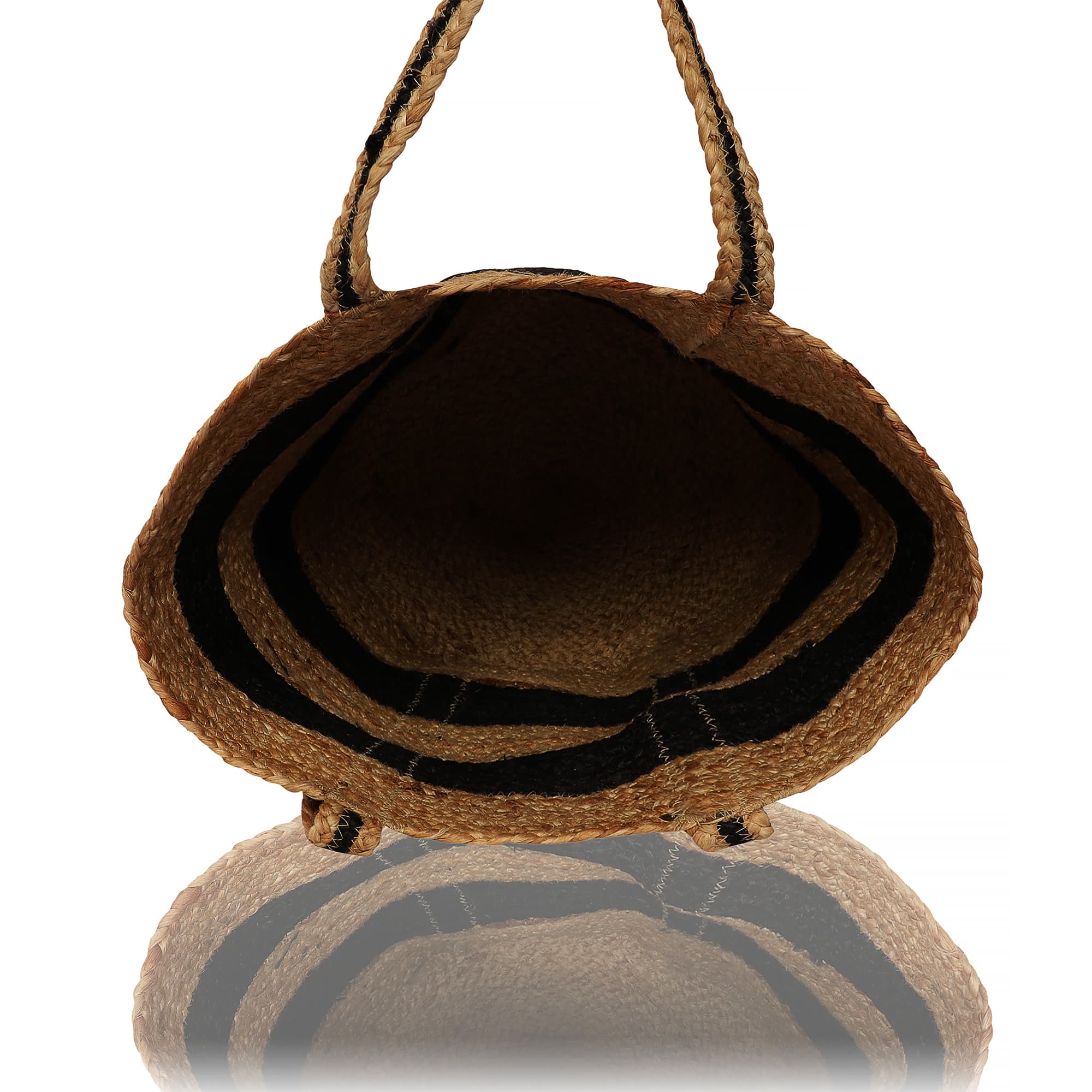 LARGE BLACK STRIPES BRIDED JUTE TOTE BAG