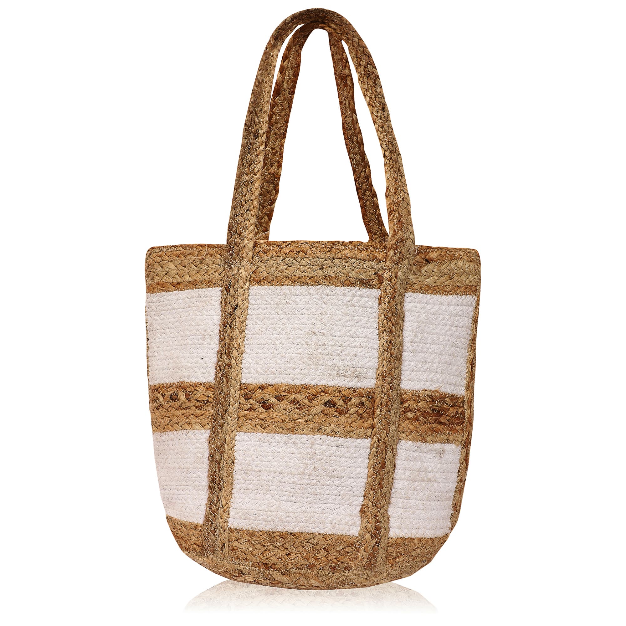 LARGE WHITE STRIPES BRIDED JUTE TOTE BAG