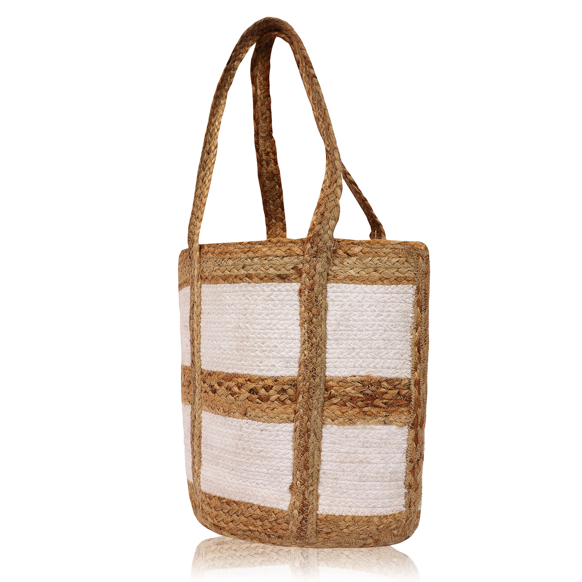 LARGE WHITE STRIPES BRIDED JUTE TOTE BAG