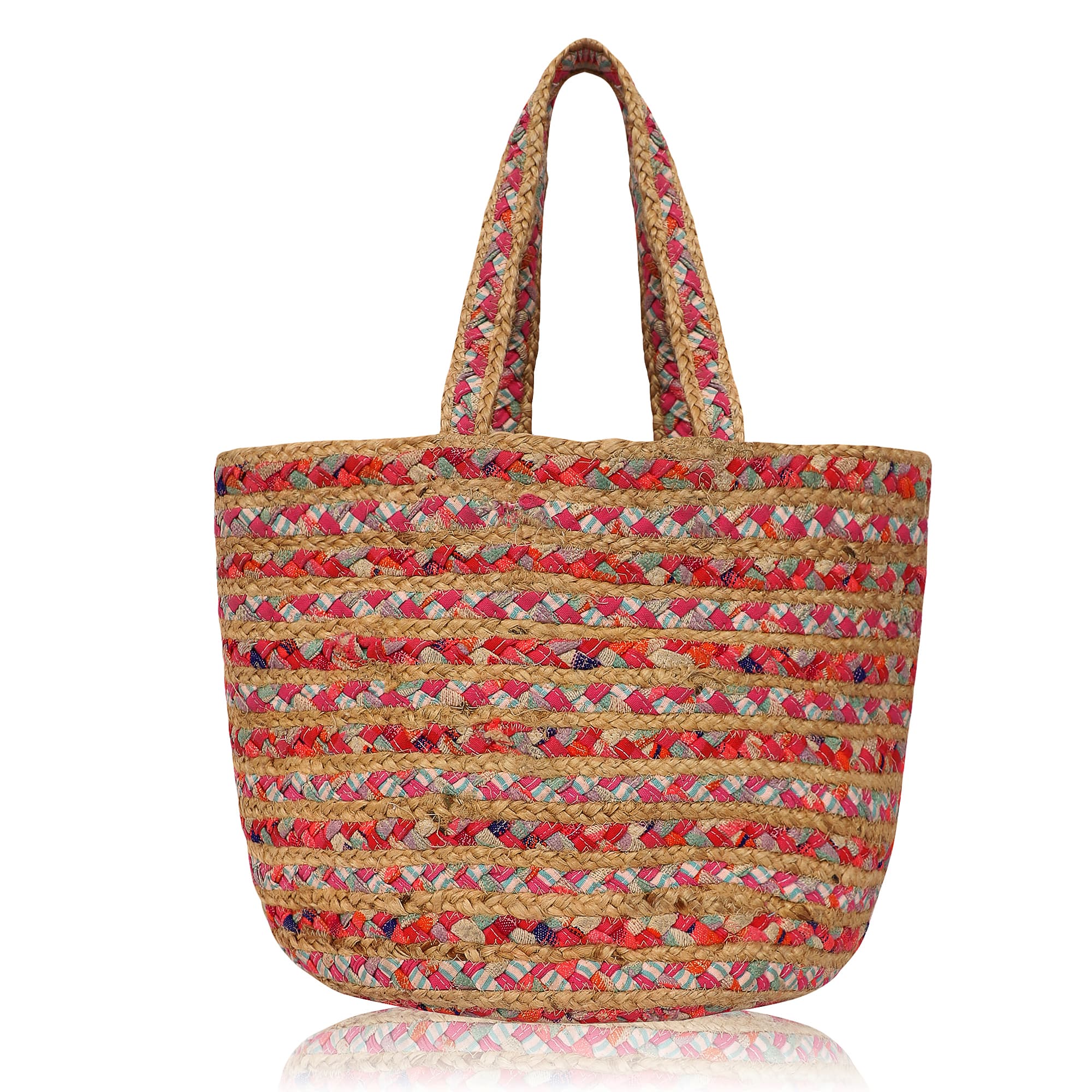 RED MIX STRIPE BRAIDED JUTE  TOTE BAG