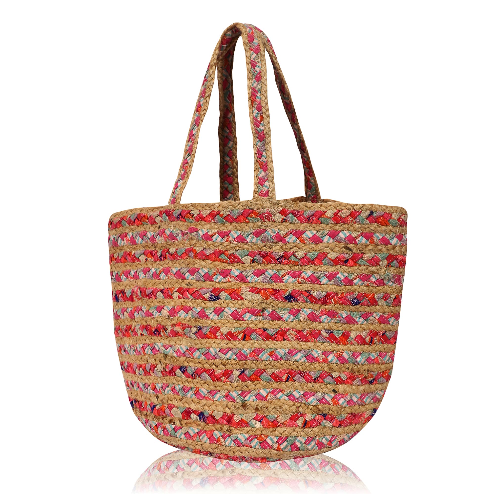 RED MIX STRIPE BRAIDED JUTE  TOTE BAG