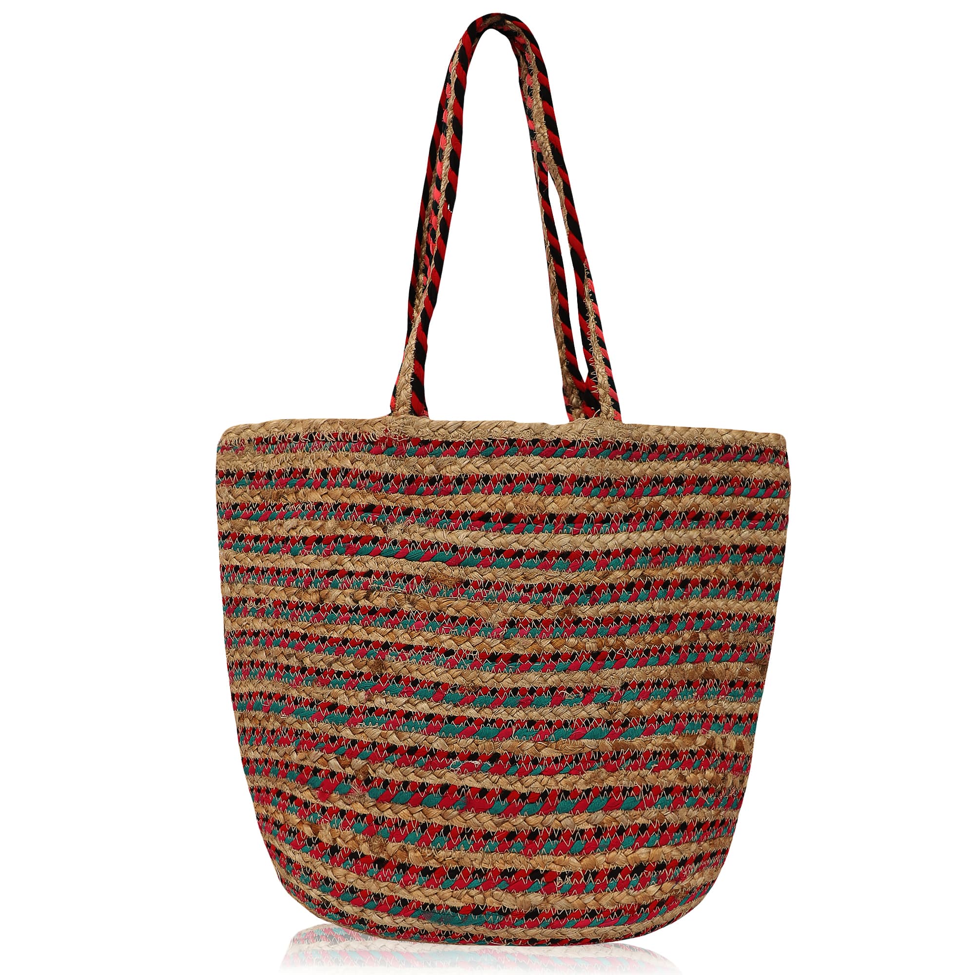 TEAL RED STRIPE BRAIDED JUTE  TOTE BAG