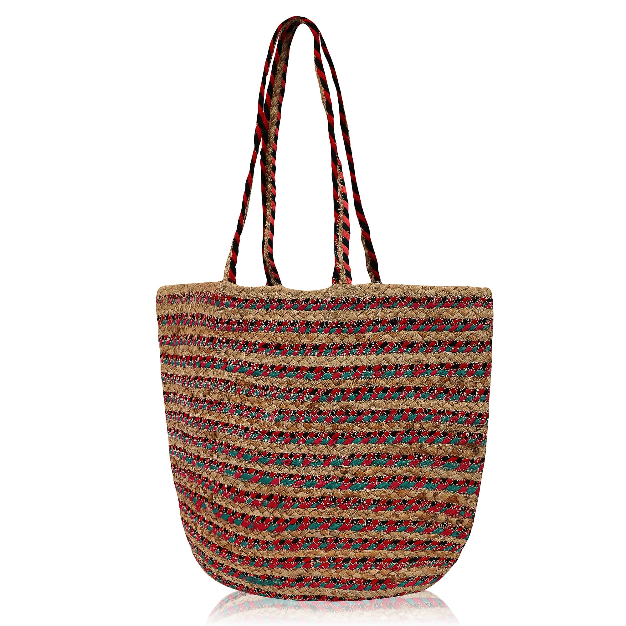 TEAL RED STRIPE BRAIDED JUTE  TOTE BAG