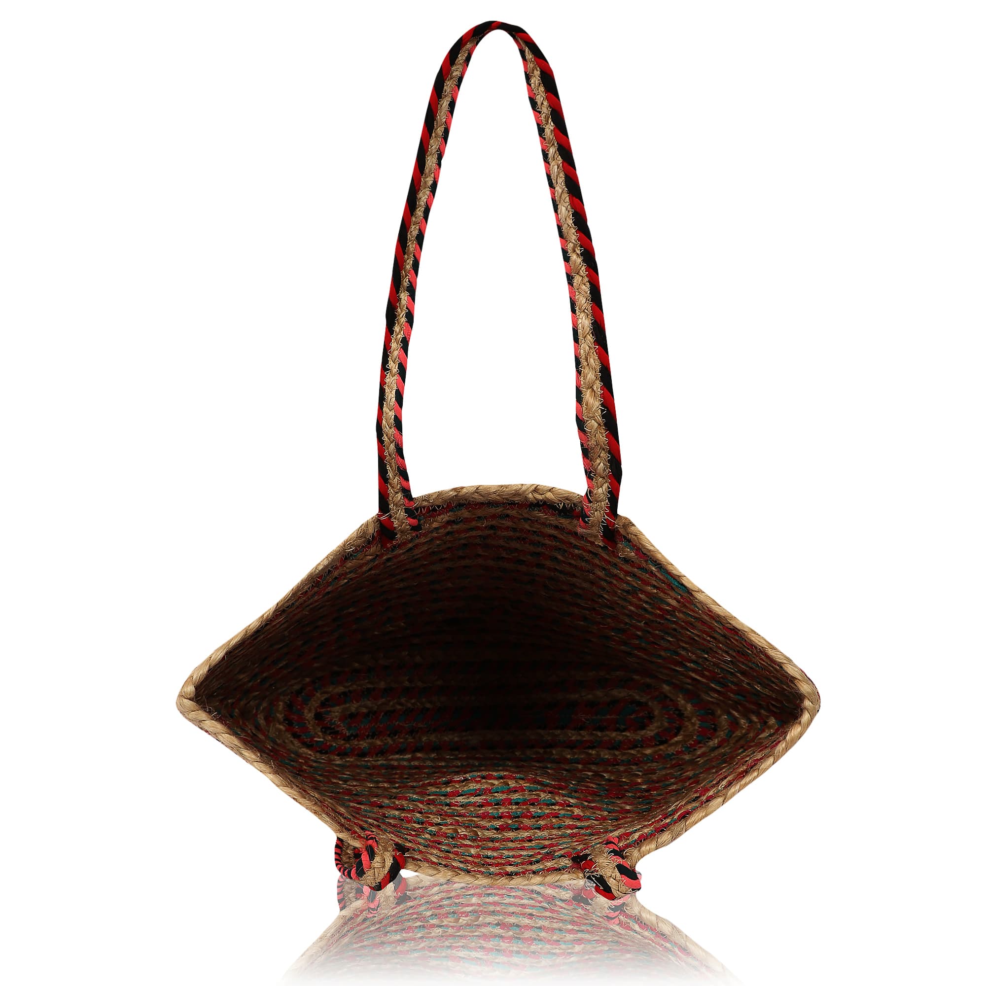 TEAL RED STRIPE BRAIDED JUTE  TOTE BAG