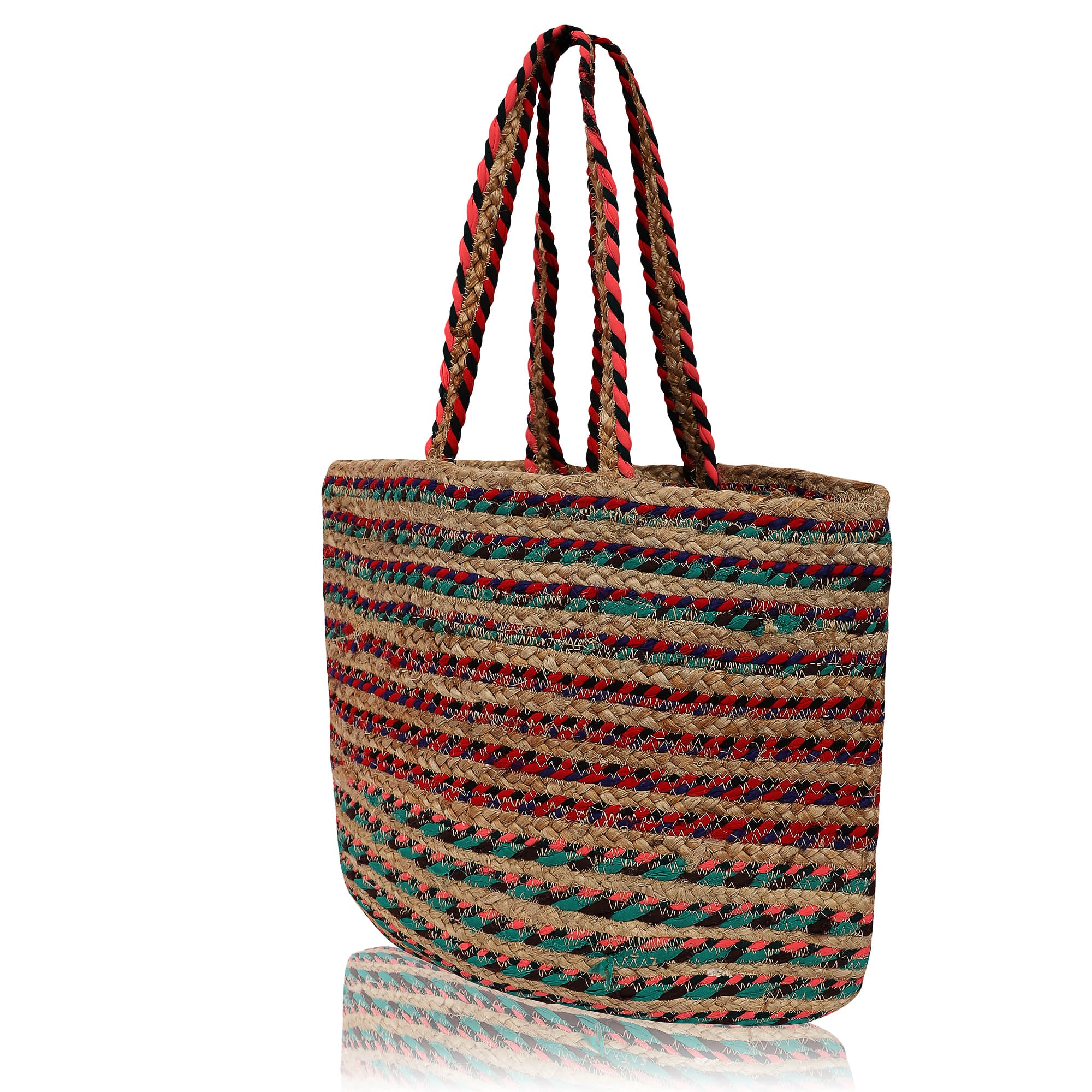 MULTI  STRIPE BRAIDED JUTE  TOTE BAG