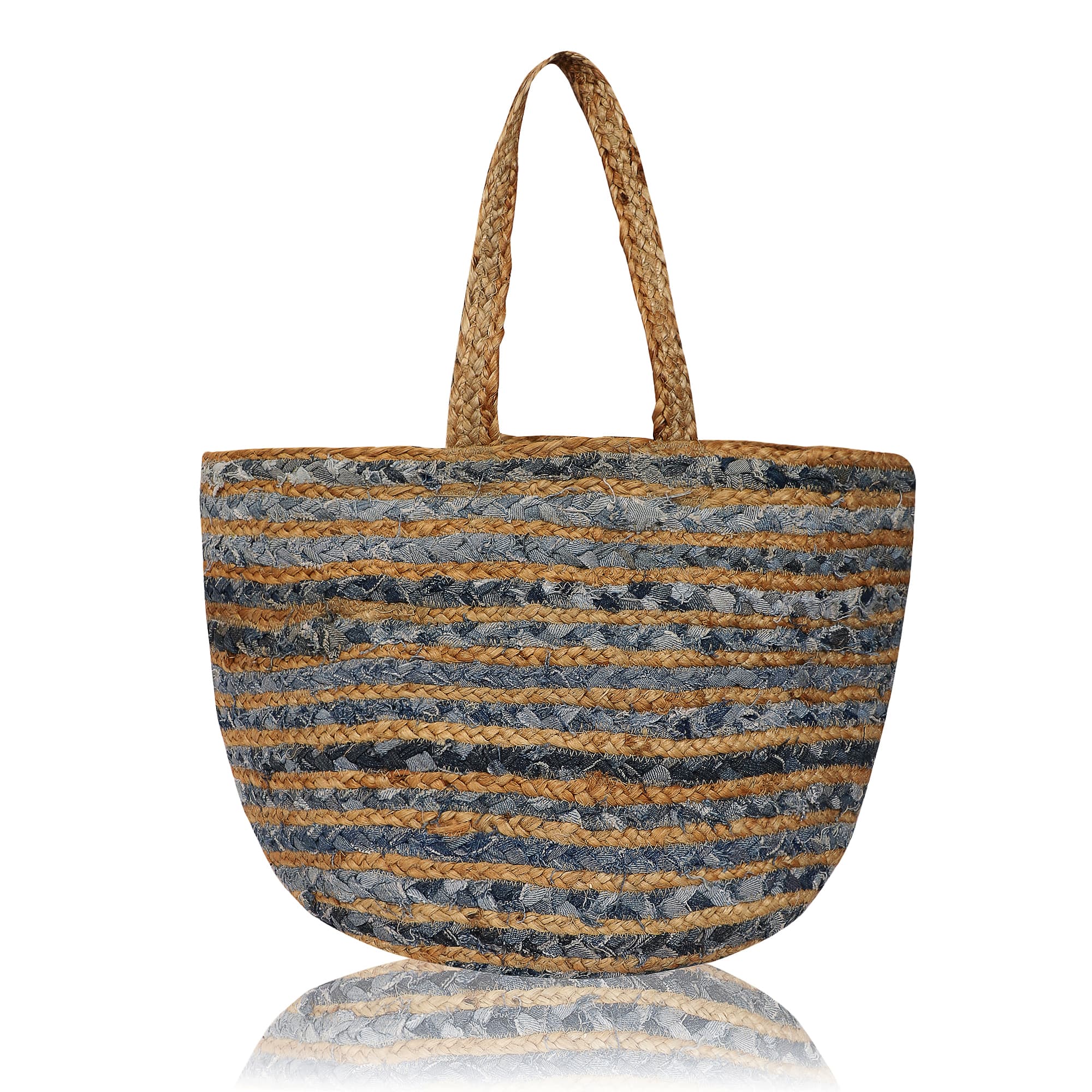 DENIM JUTE STRIPE BRAIDED TOTE BAG